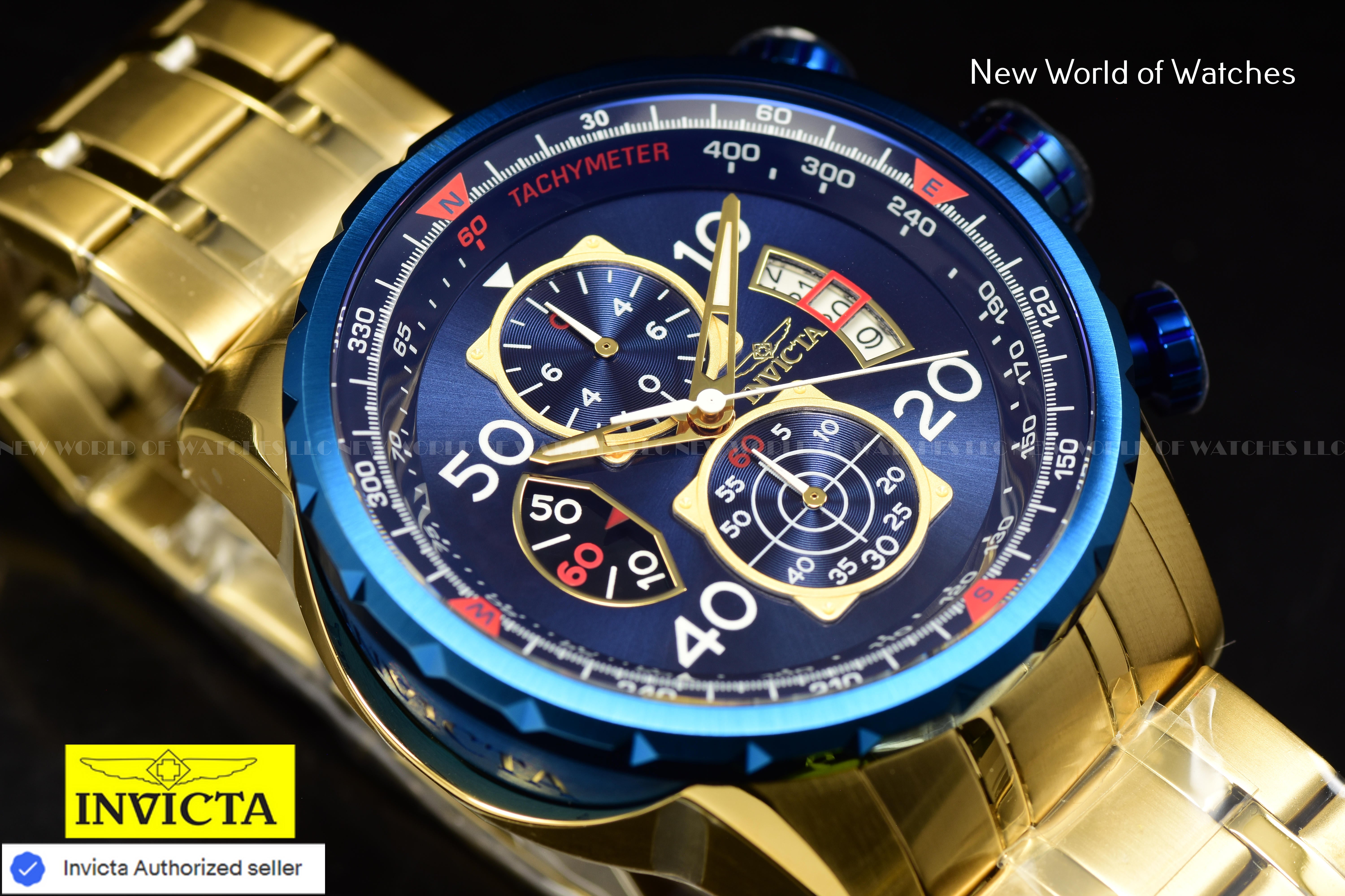 Invicta Men's AVIATOR Chronograph Quartz Blue Dial 48mm SS Gold Watch