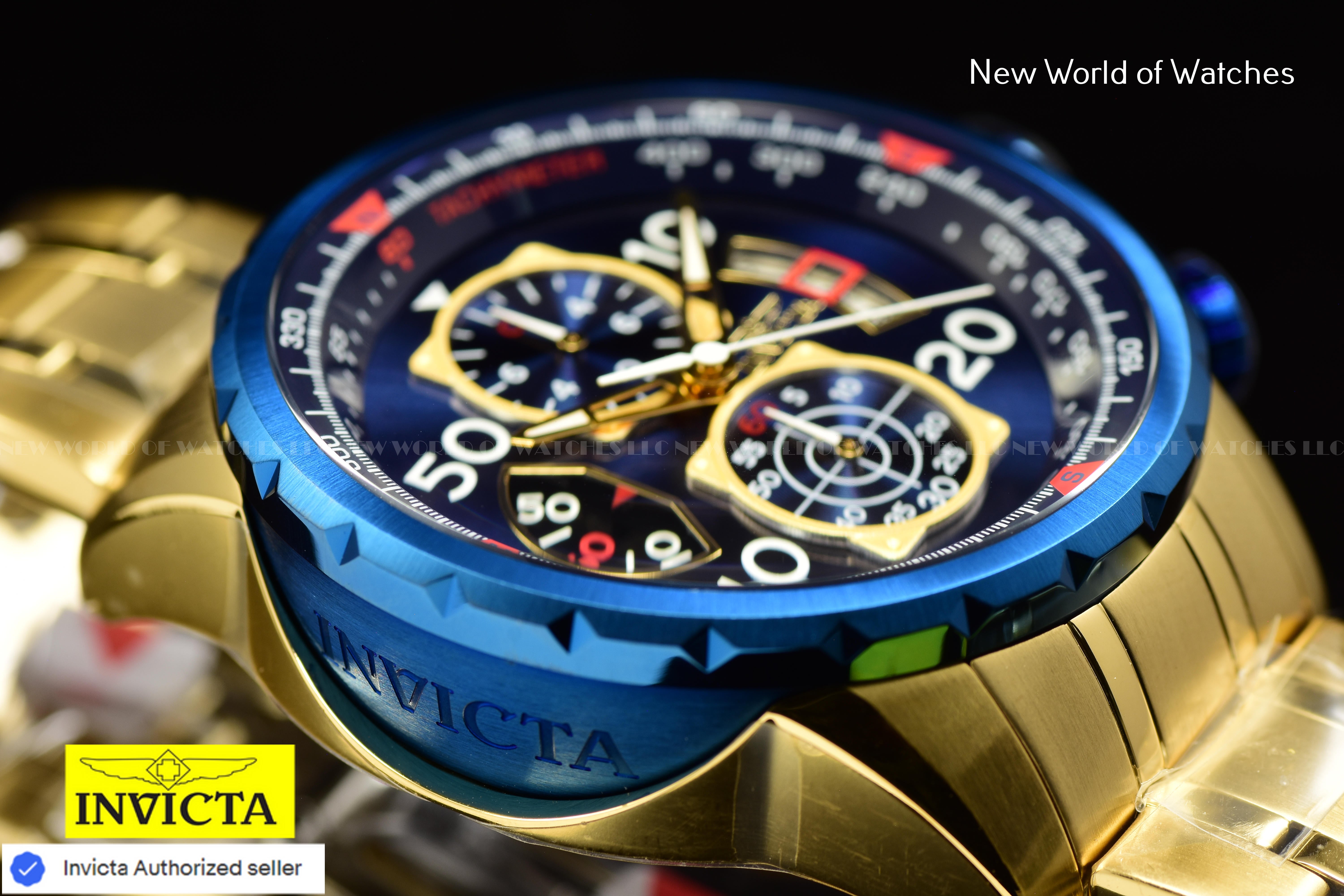 Invicta Men's AVIATOR Chronograph Quartz Blue Dial 48mm SS Gold Watch