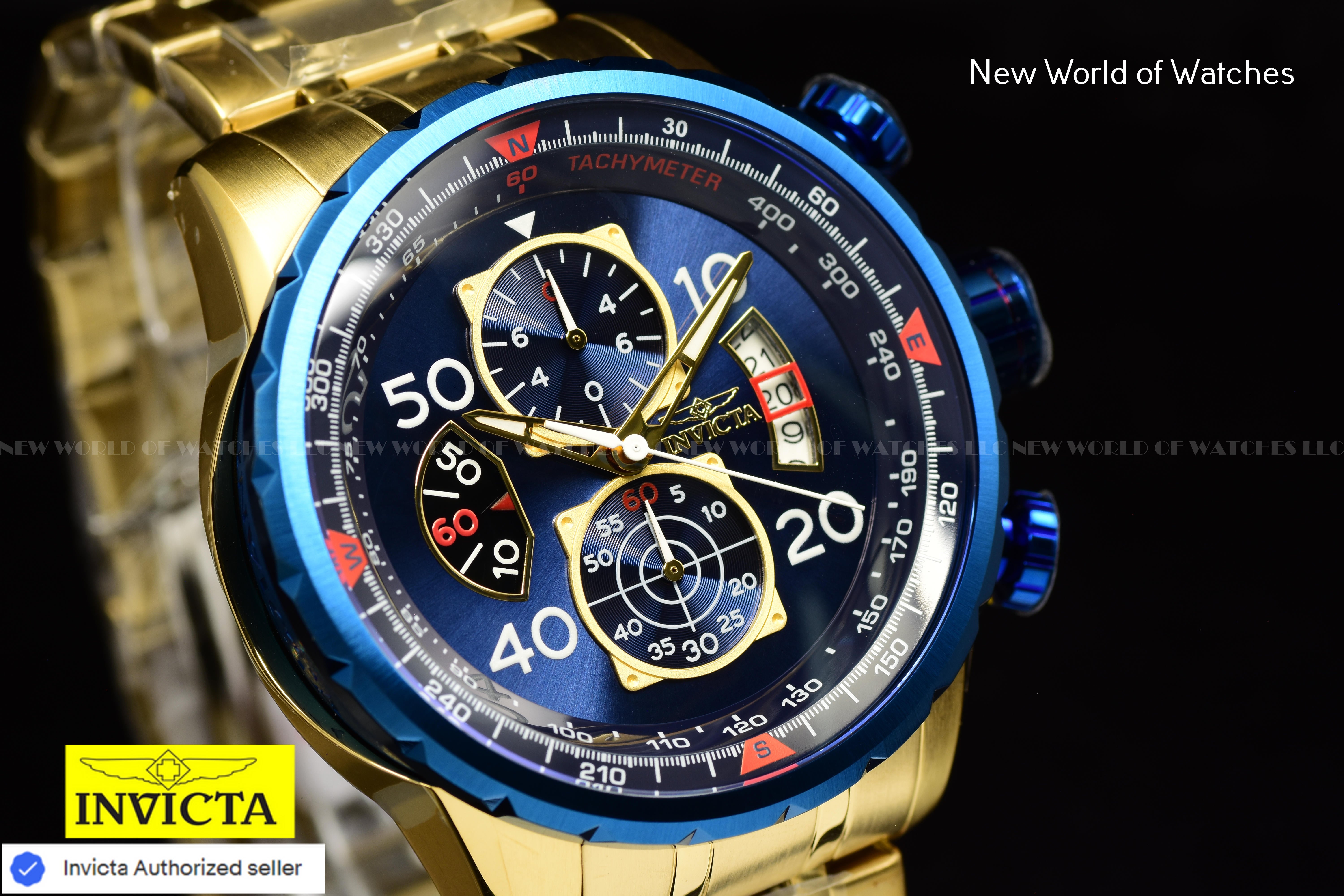 Invicta Men's AVIATOR Chronograph Quartz Blue Dial 48mm SS Gold Watch