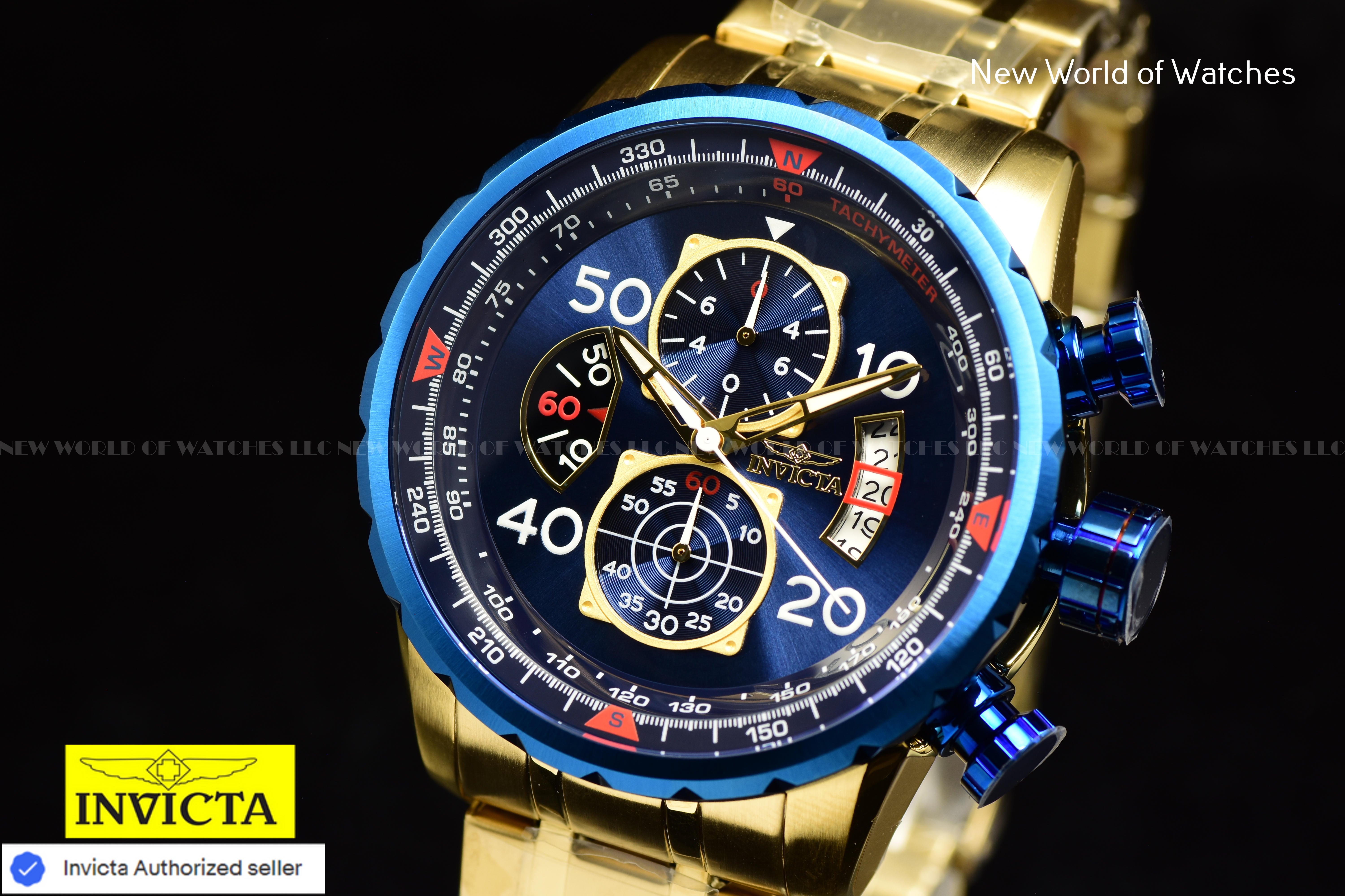 Invicta Men's AVIATOR Chronograph Quartz Blue Dial 48mm SS Gold Watch