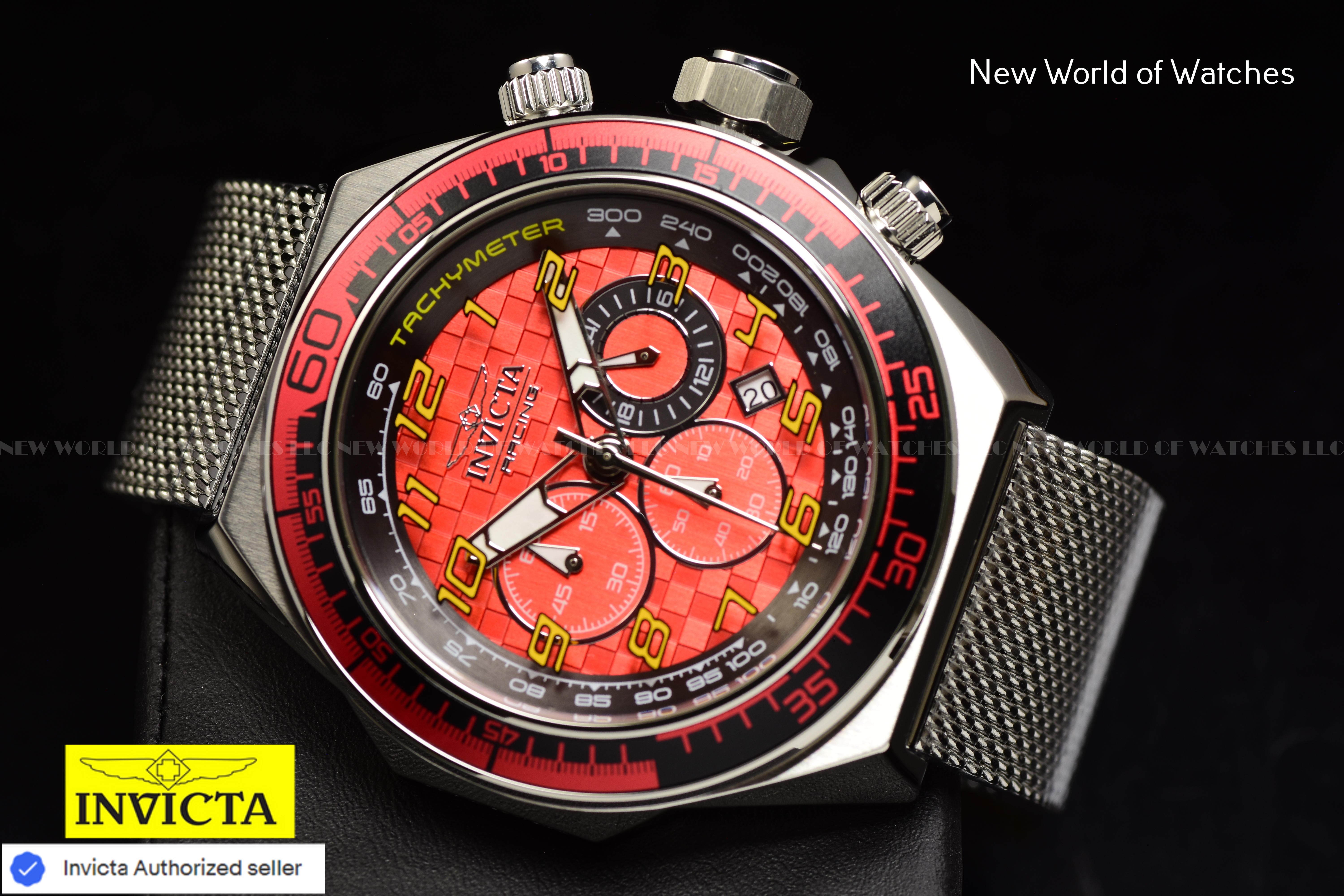 Invicta Men's Racing 50mm RED Chronograph Dial Stainless Steel Mesh Band Watch