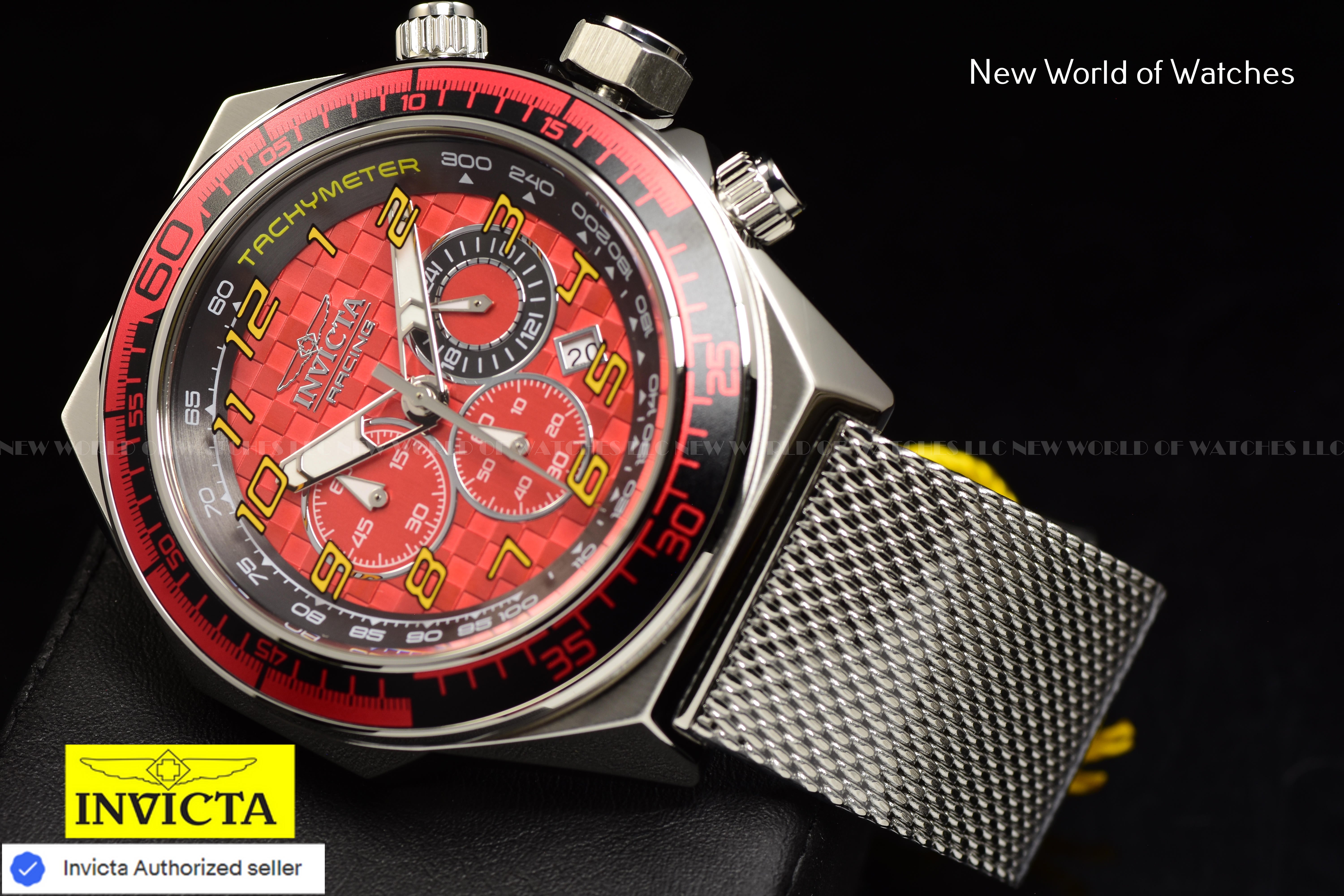 Invicta Men's Racing 50mm RED Chronograph Dial Stainless Steel Mesh Band Watch
