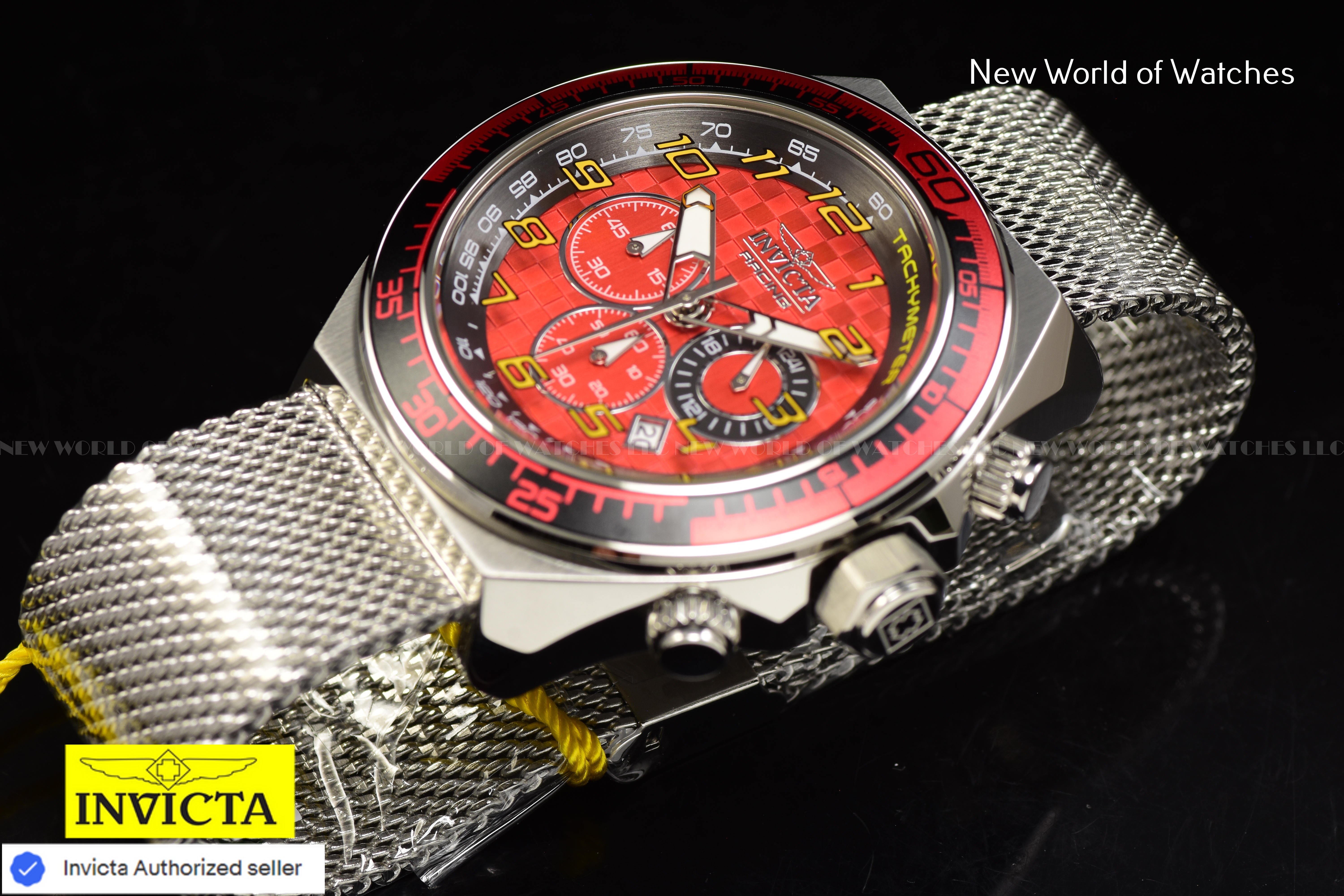 Invicta Men's Racing 50mm RED Chronograph Dial Stainless Steel Mesh Band Watch