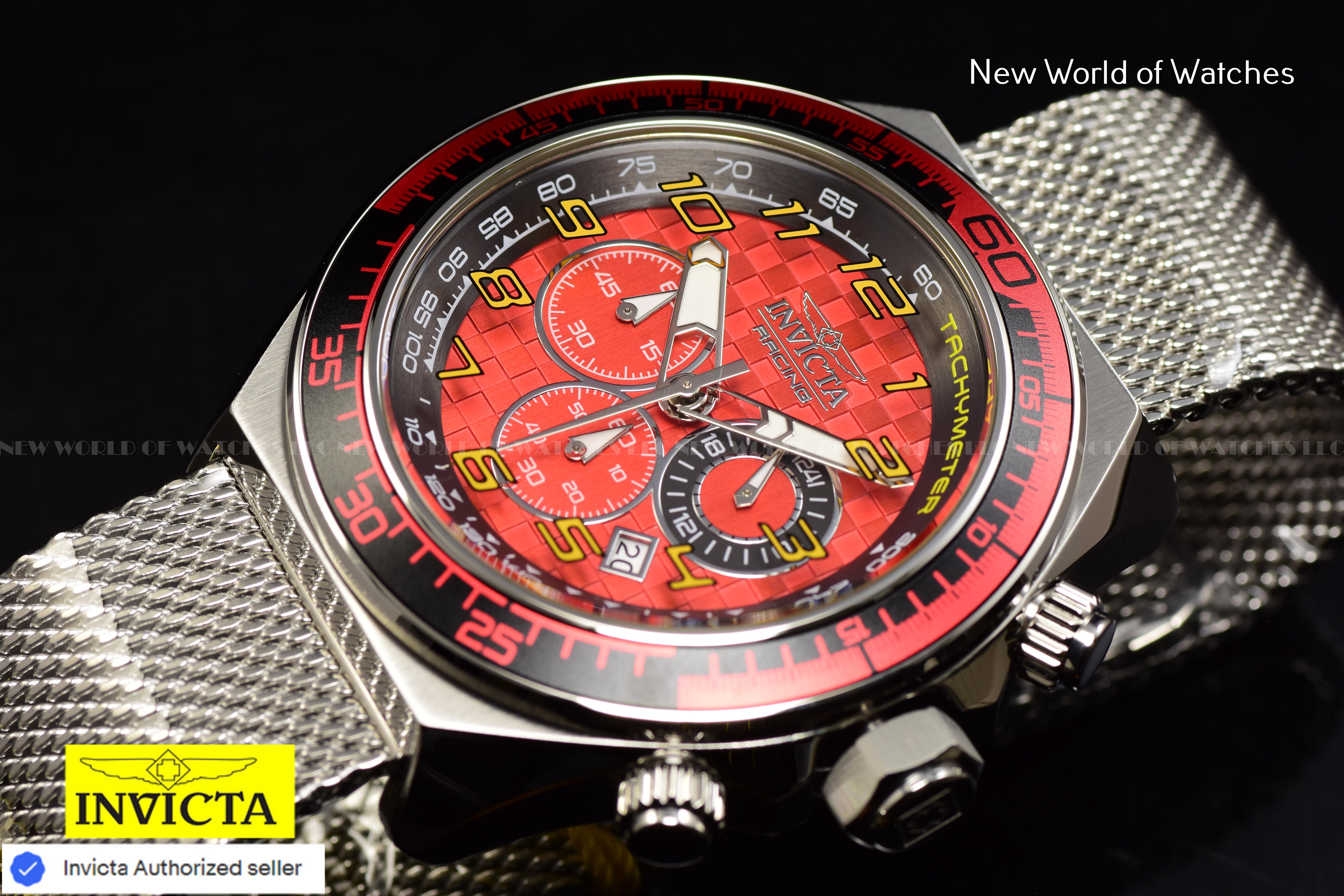 Invicta Men's Racing 50mm RED Chronograph Dial Stainless Steel Mesh Band Watch