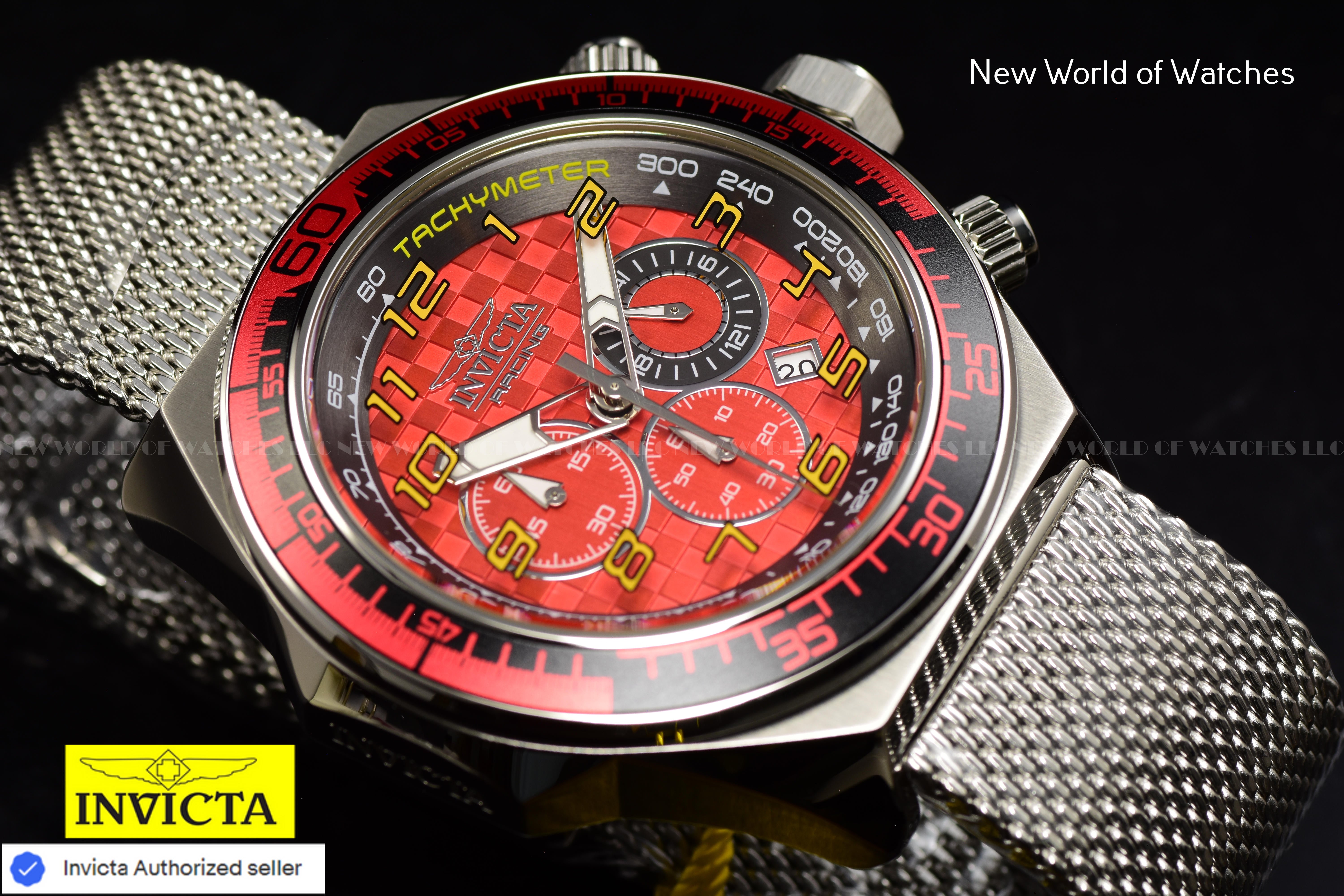 Invicta Men's Racing 50mm RED Chronograph Dial Stainless Steel Mesh Band Watch