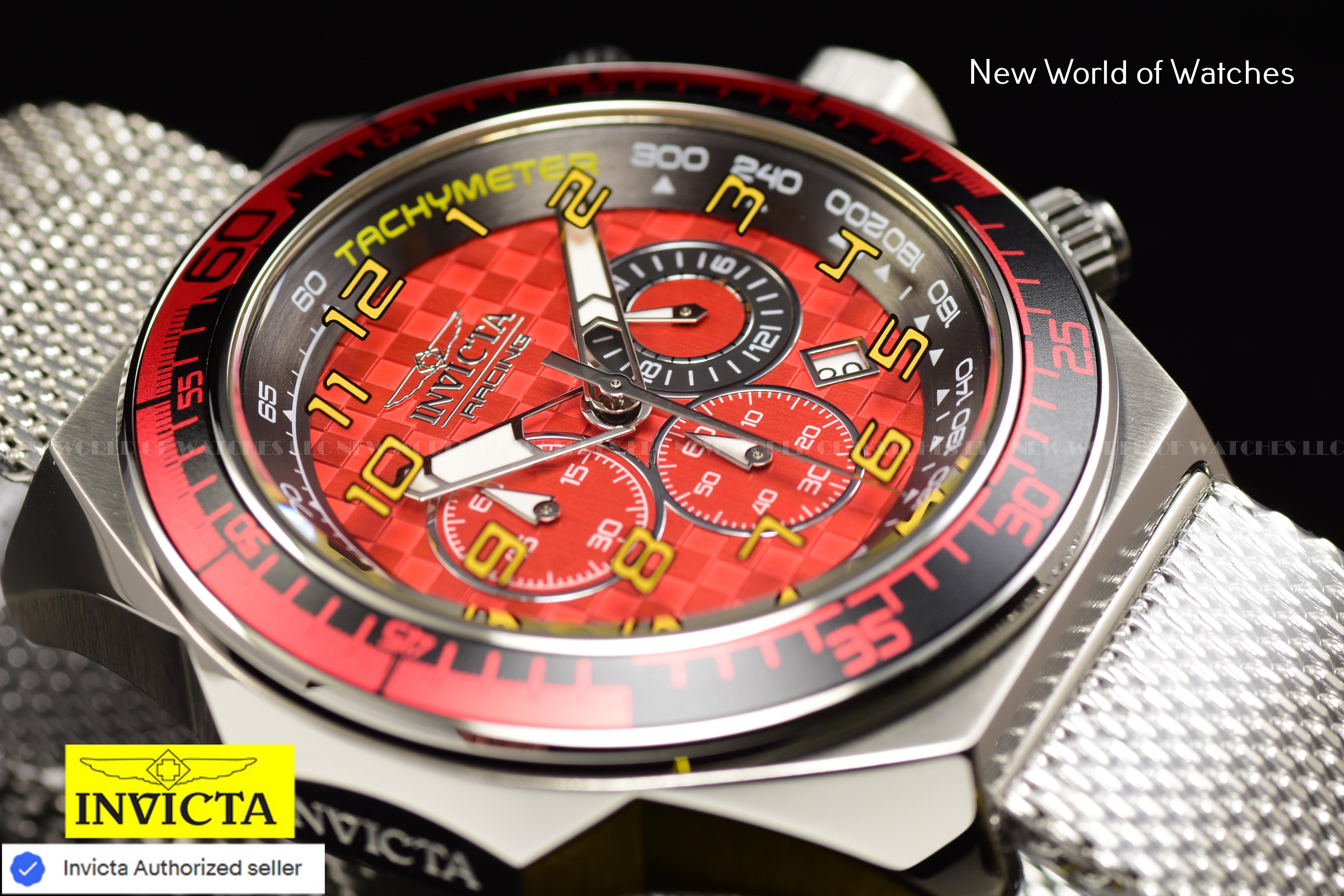 Invicta Men's Racing 50mm RED Chronograph Dial Stainless Steel Mesh Band Watch