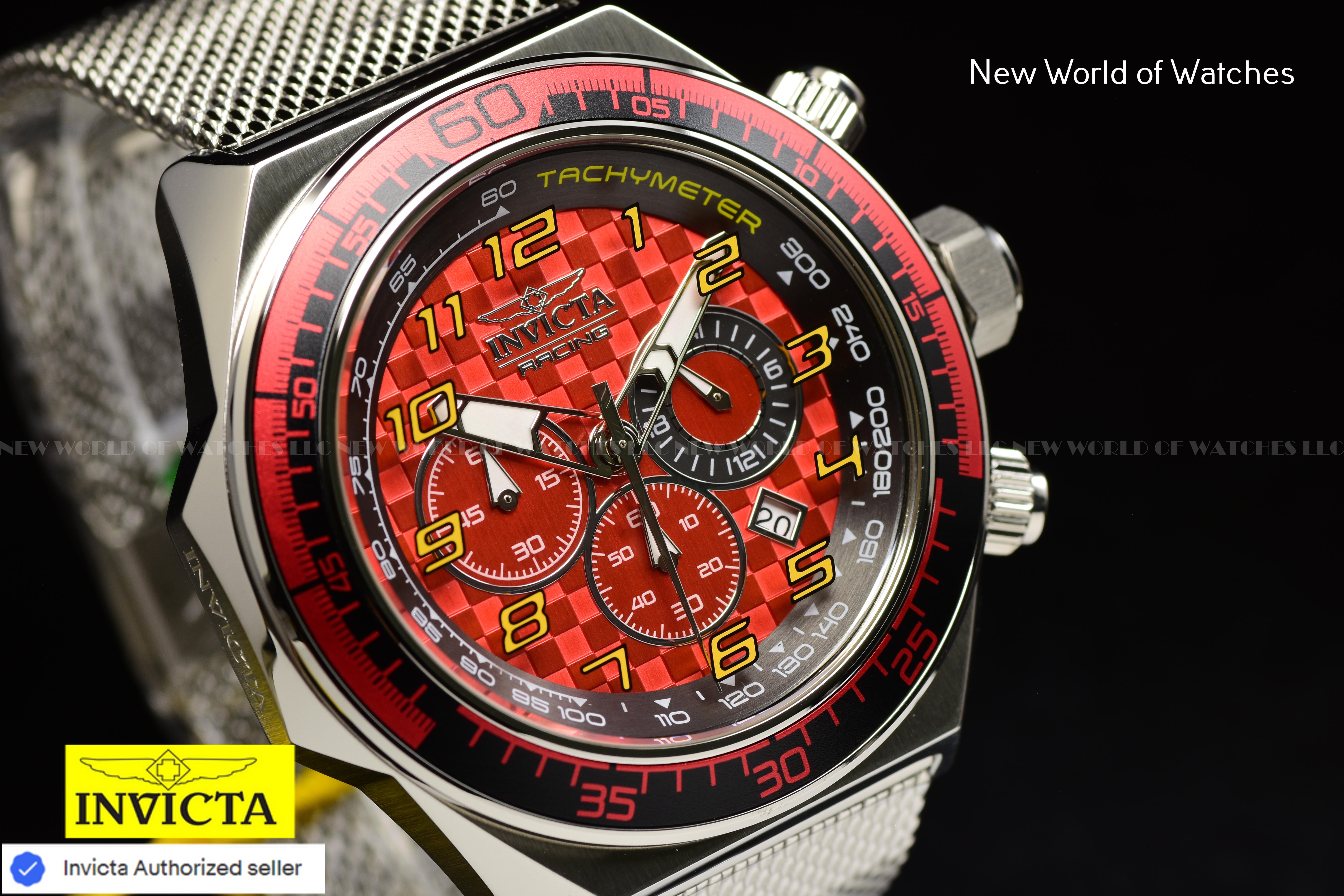 Invicta Men's Racing 50mm RED Chronograph Dial Stainless Steel Mesh Band Watch