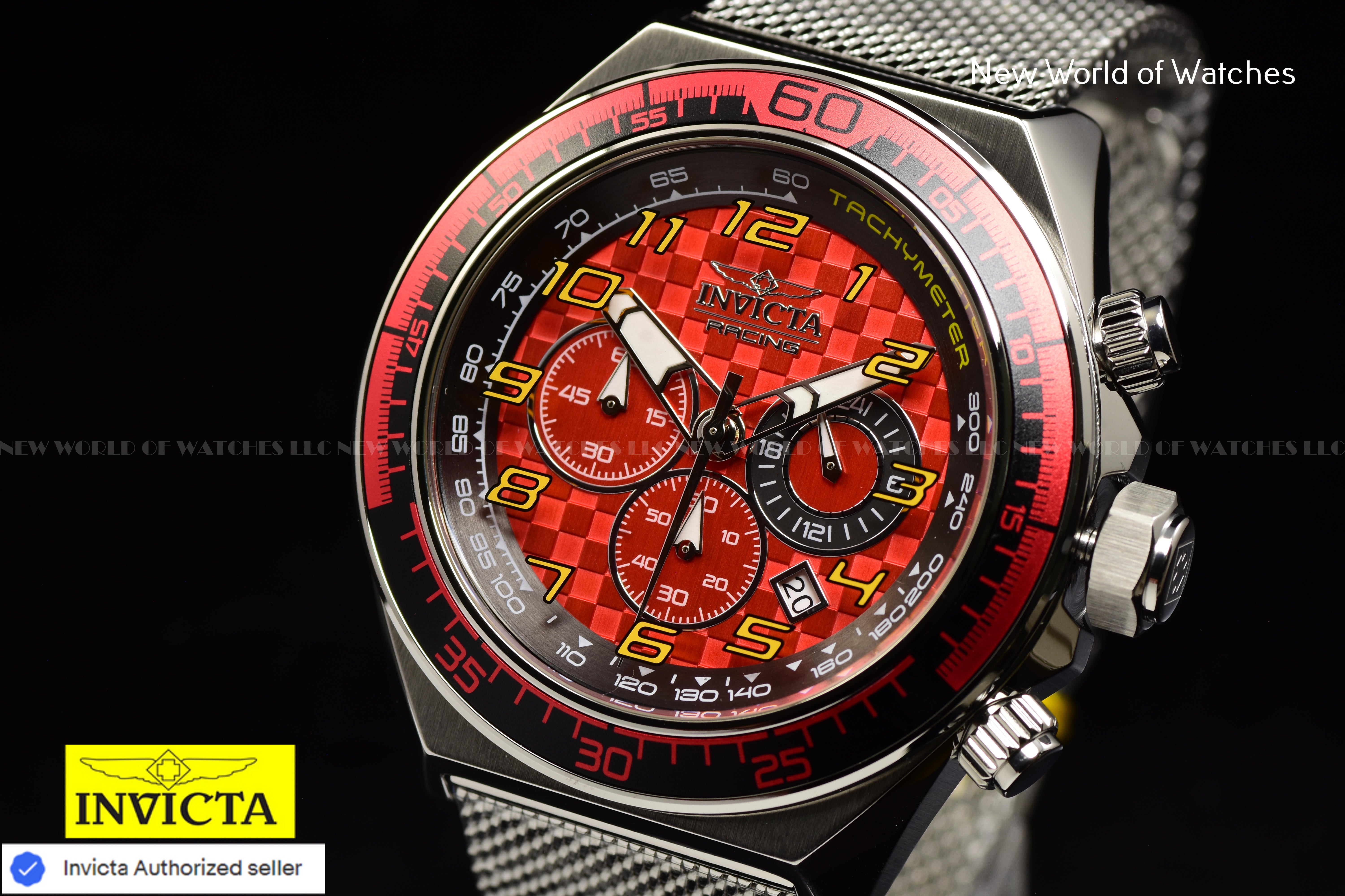 Invicta Men's Racing 50mm RED Chronograph Dial Stainless Steel Mesh Band Watch