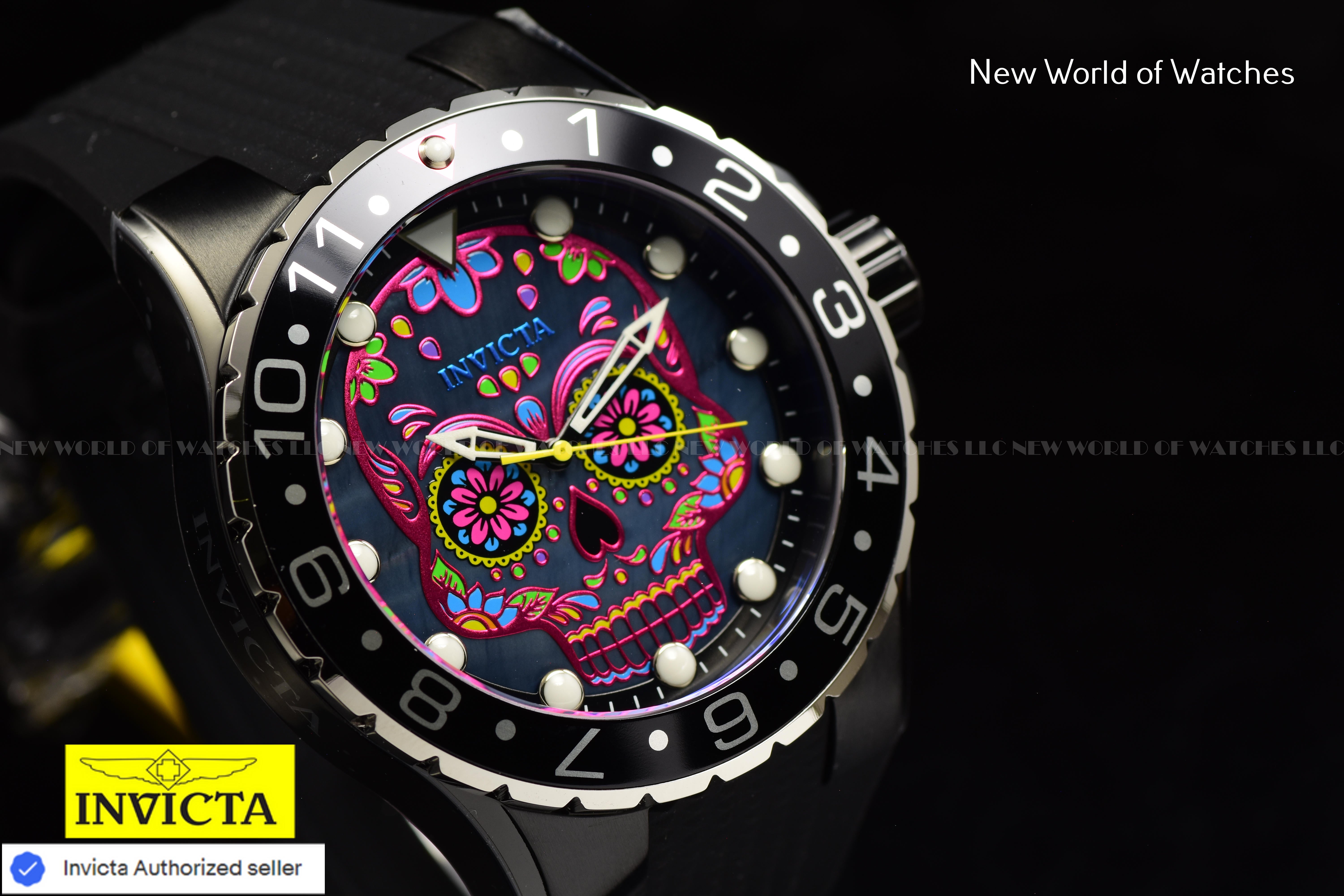 Invicta Men's AVIATOR 50mm MOP SKELETON DIal Silicone Band BLACK Quartz Watch
