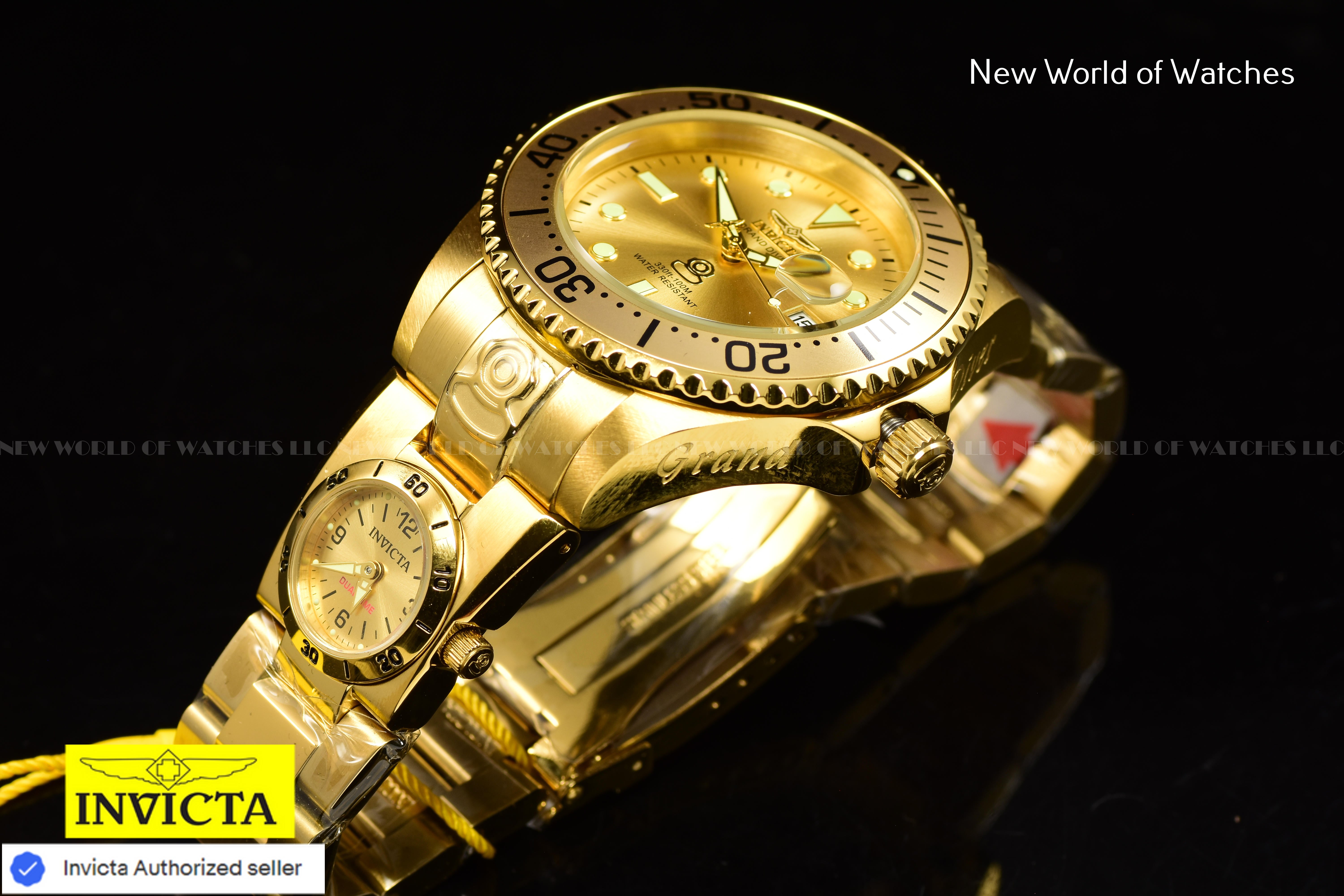 Invicta Men's GRAND DIVER Dual TIme 47mm Stainless Steel AUTOMATIC Gold Watch