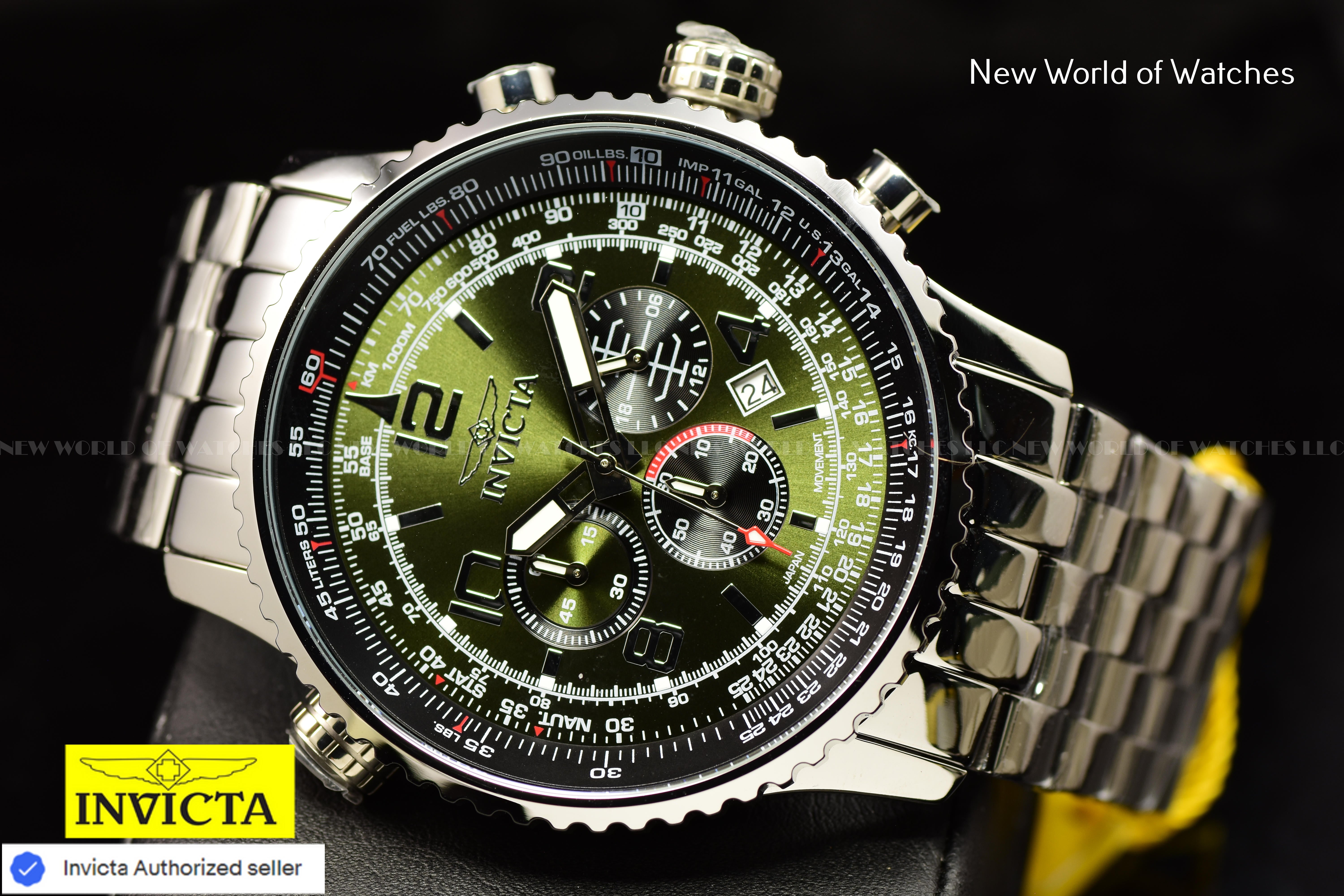 Invicta Men's AVIATOR 50mm MILITARY Green Chronograph Silver  HI Polish SS Watch