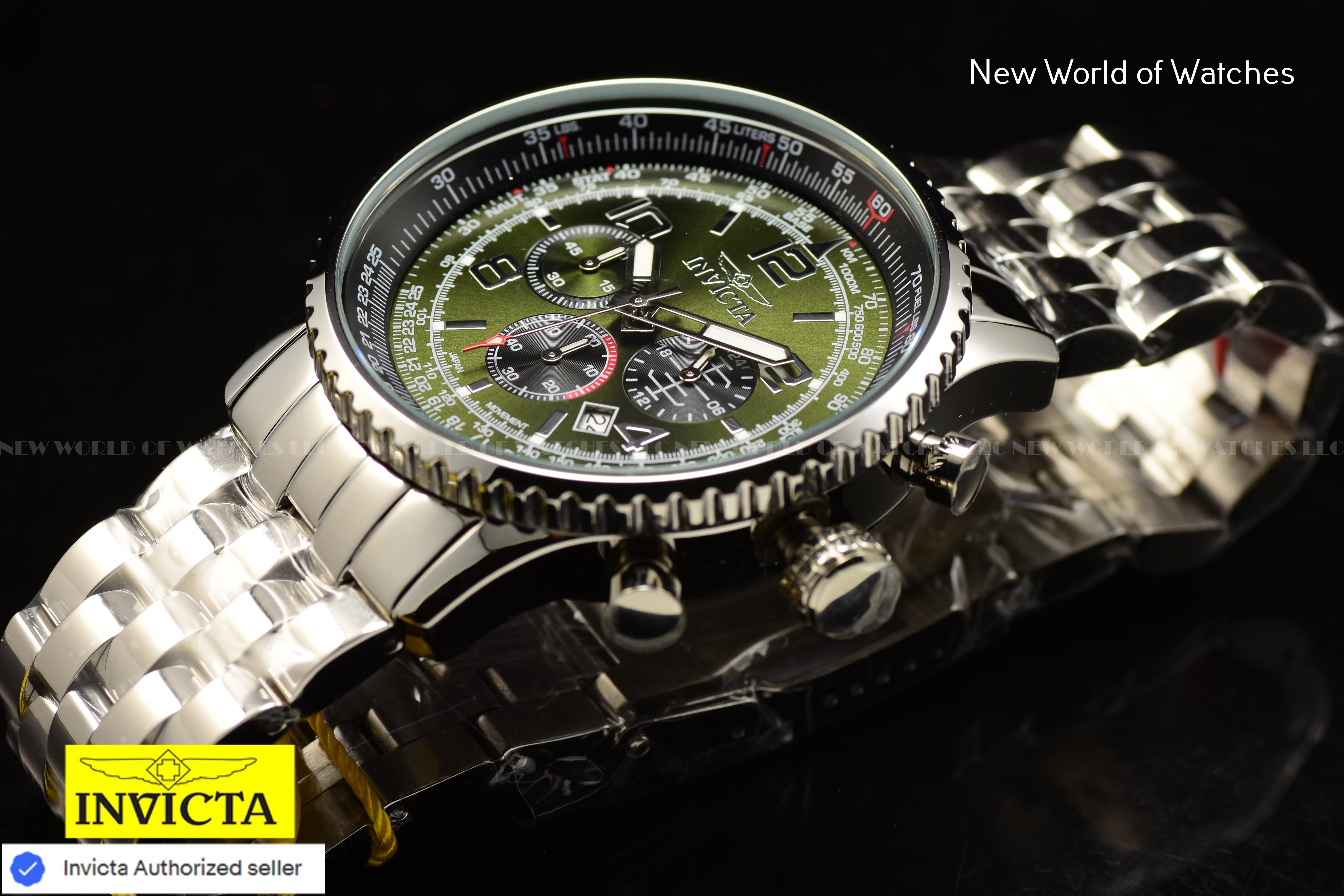Invicta Men's AVIATOR 50mm MILITARY Green Chronograph Silver  HI Polish SS Watch
