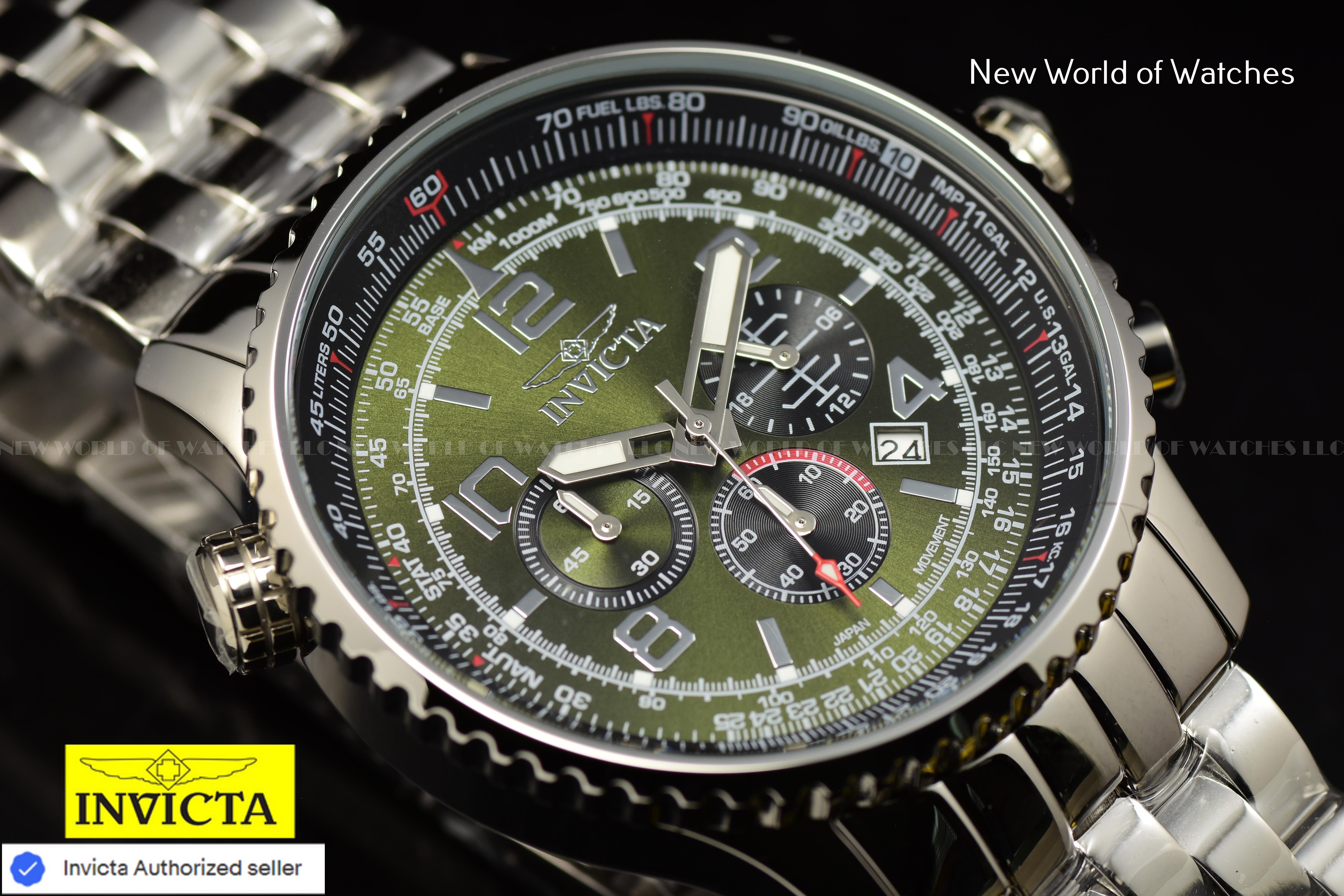 Invicta Men's AVIATOR 50mm MILITARY Green Chronograph Silver  HI Polish SS Watch