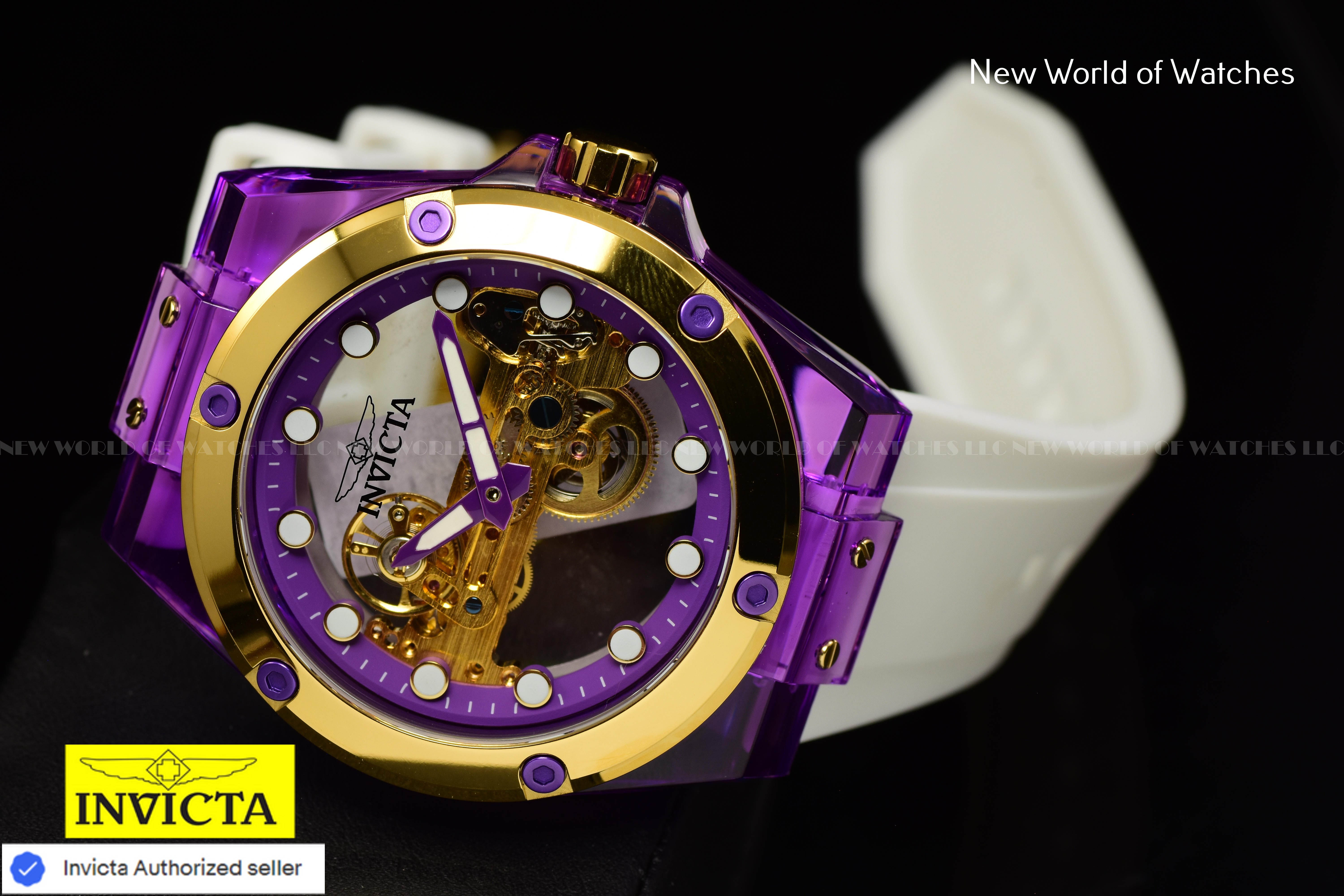 Invicta Mens 48mm SPEEDWAY Mechanical PURPLE DIAL White Silicone Strap Watch