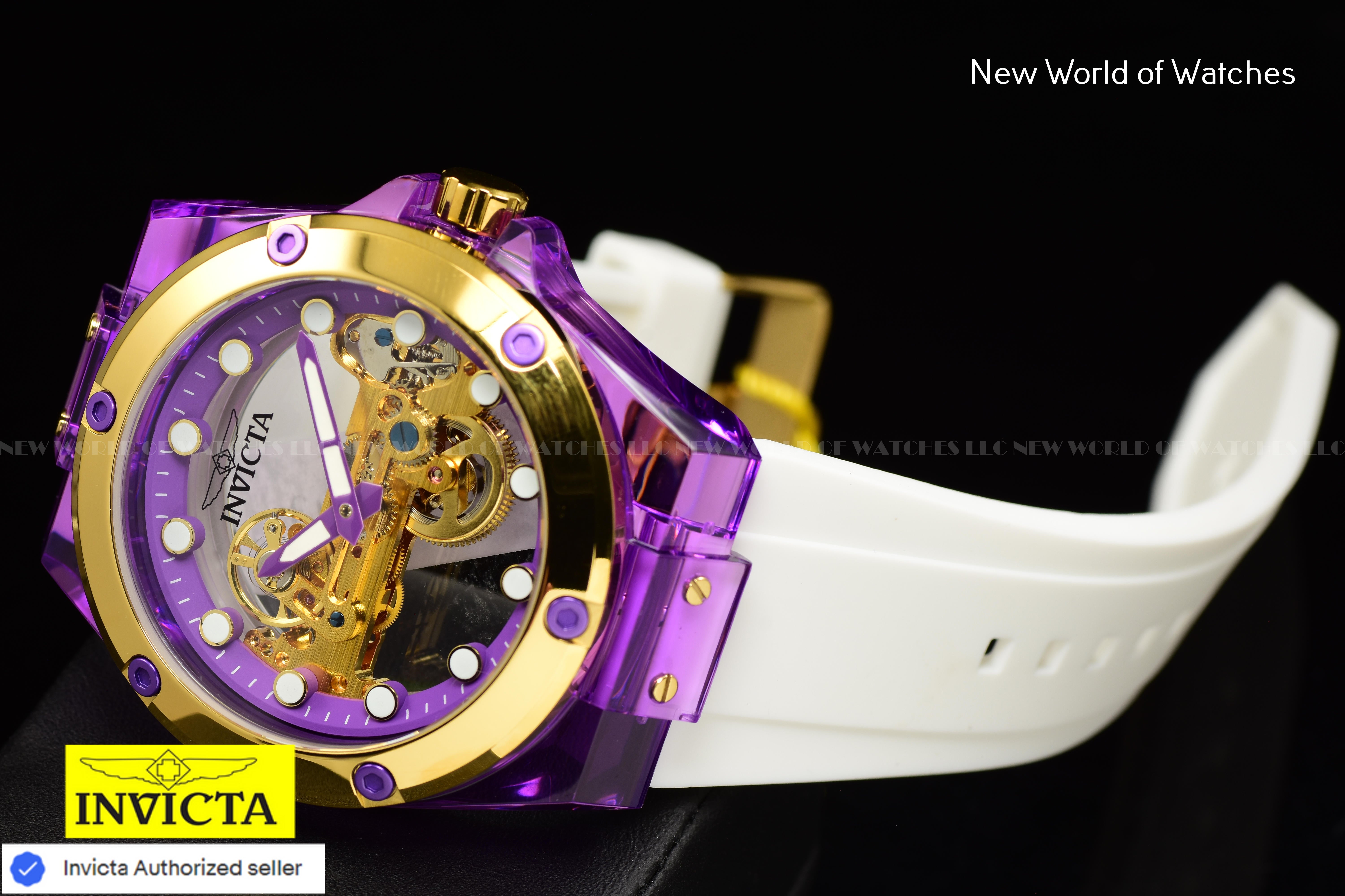 Invicta Mens 48mm SPEEDWAY Mechanical PURPLE DIAL White Silicone Strap Watch