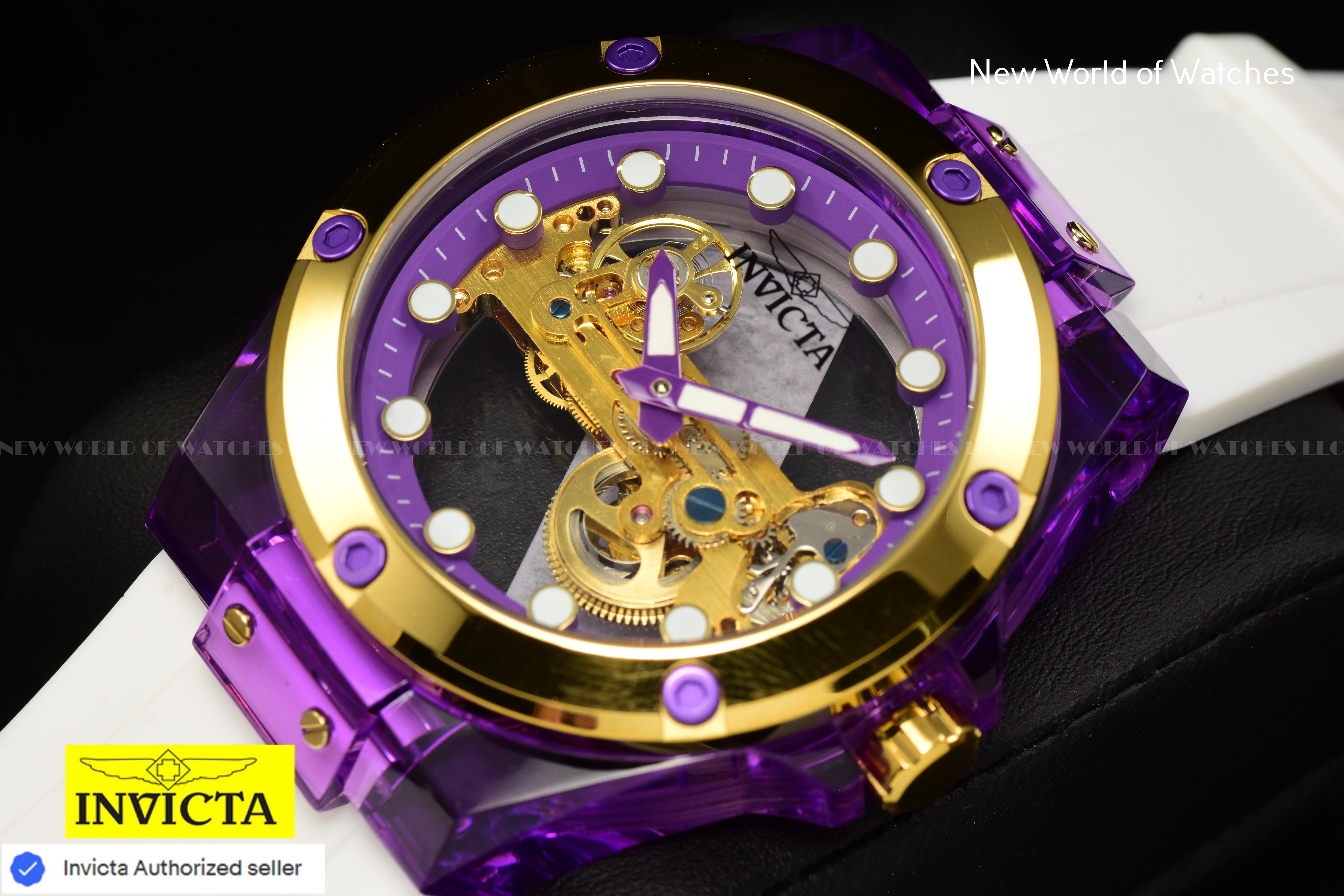 Invicta Mens 48mm SPEEDWAY Mechanical PURPLE DIAL White Silicone Strap Watch
