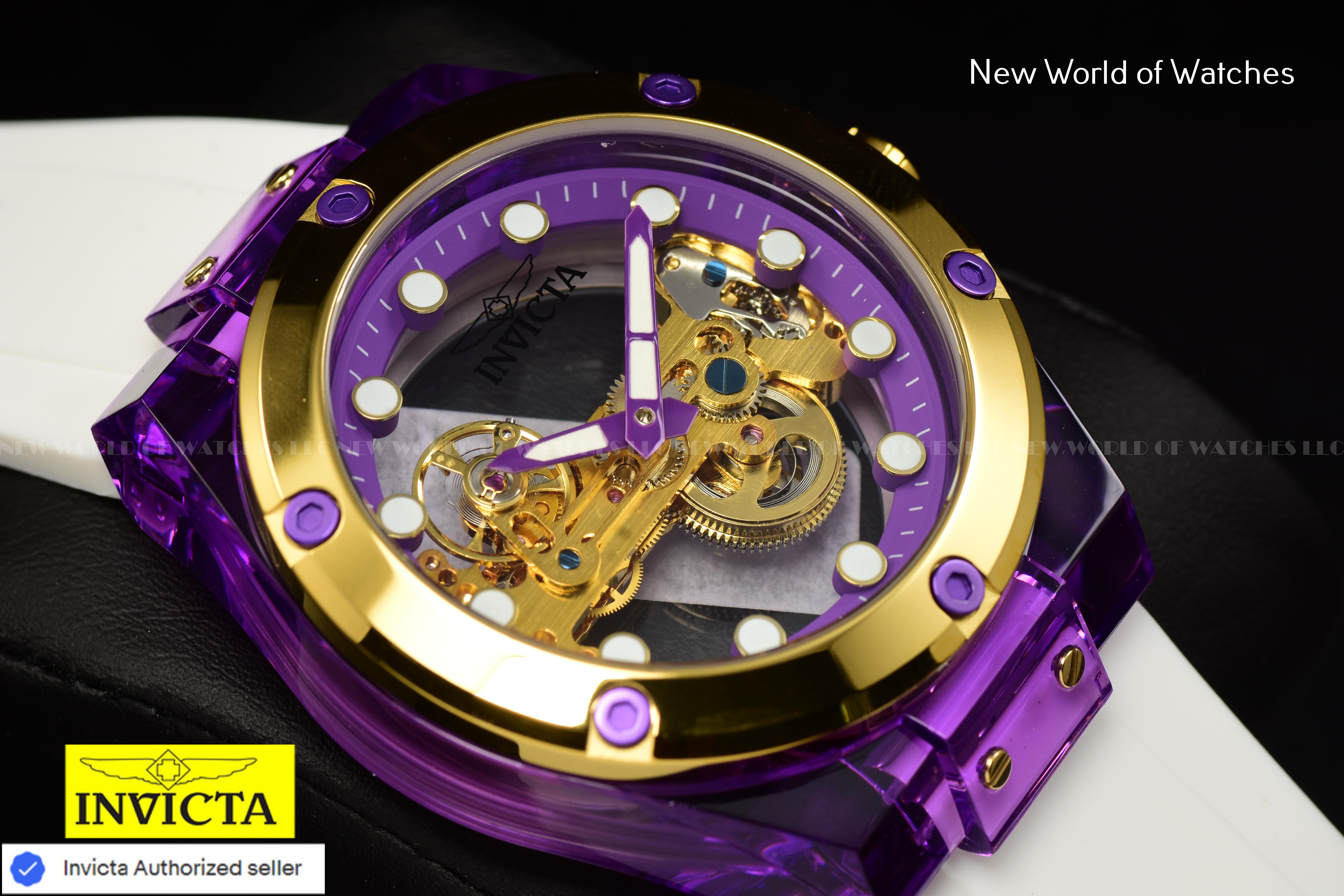 Invicta Mens 48mm SPEEDWAY Mechanical PURPLE DIAL White Silicone Strap Watch