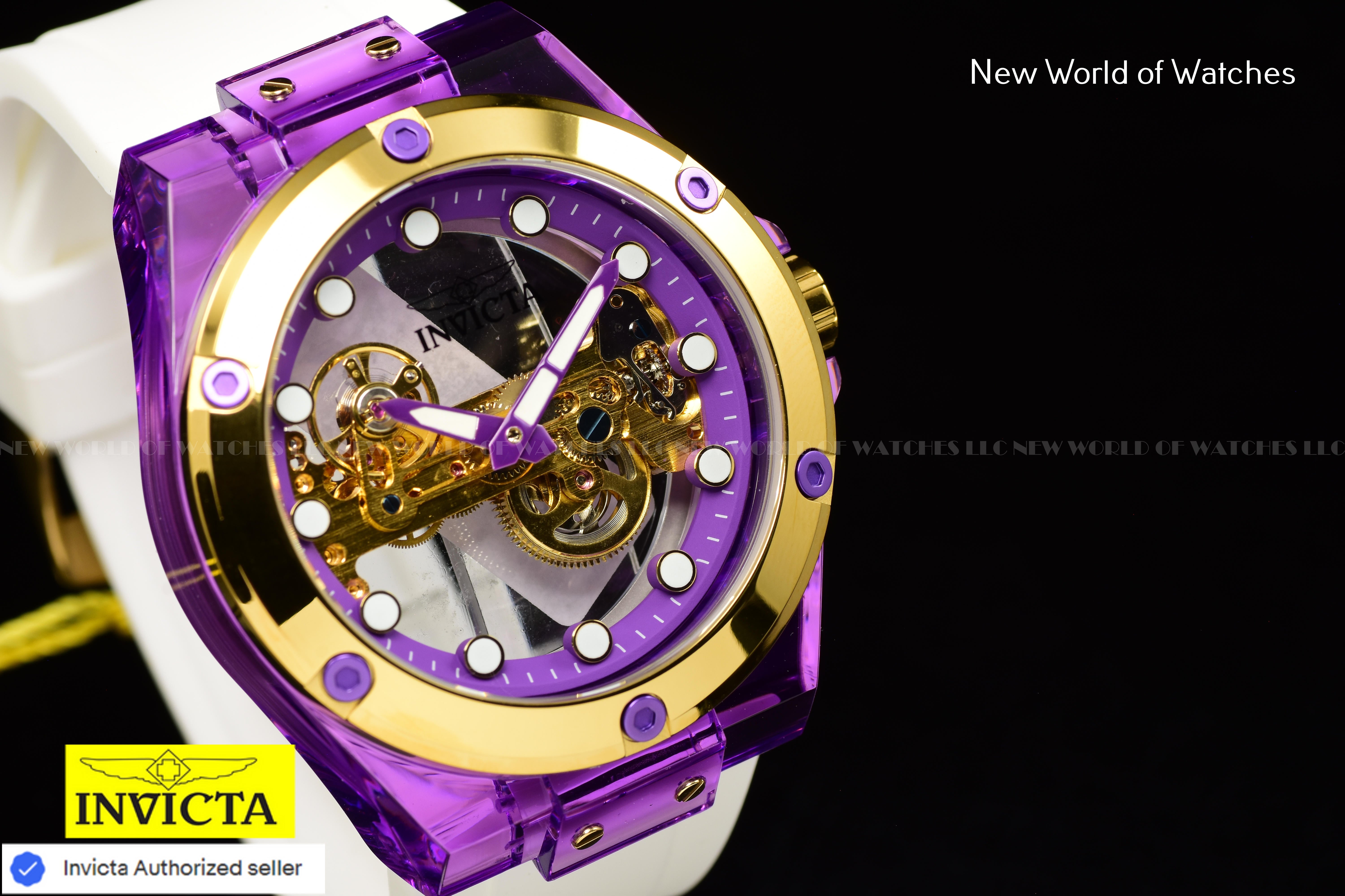 Invicta Mens 48mm SPEEDWAY Mechanical PURPLE DIAL White Silicone Strap Watch