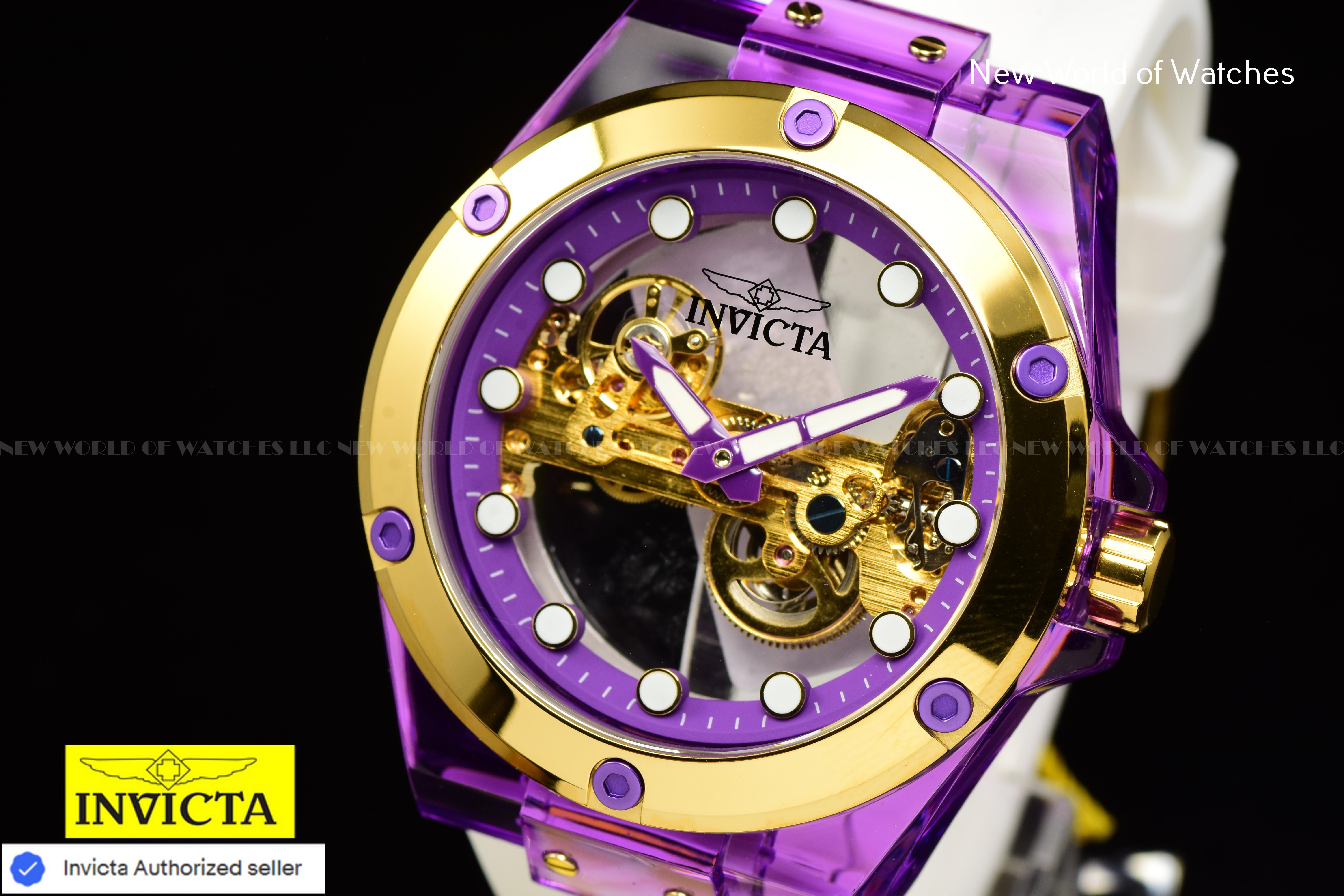 Invicta Mens 48mm SPEEDWAY Mechanical PURPLE DIAL White Silicone Strap Watch