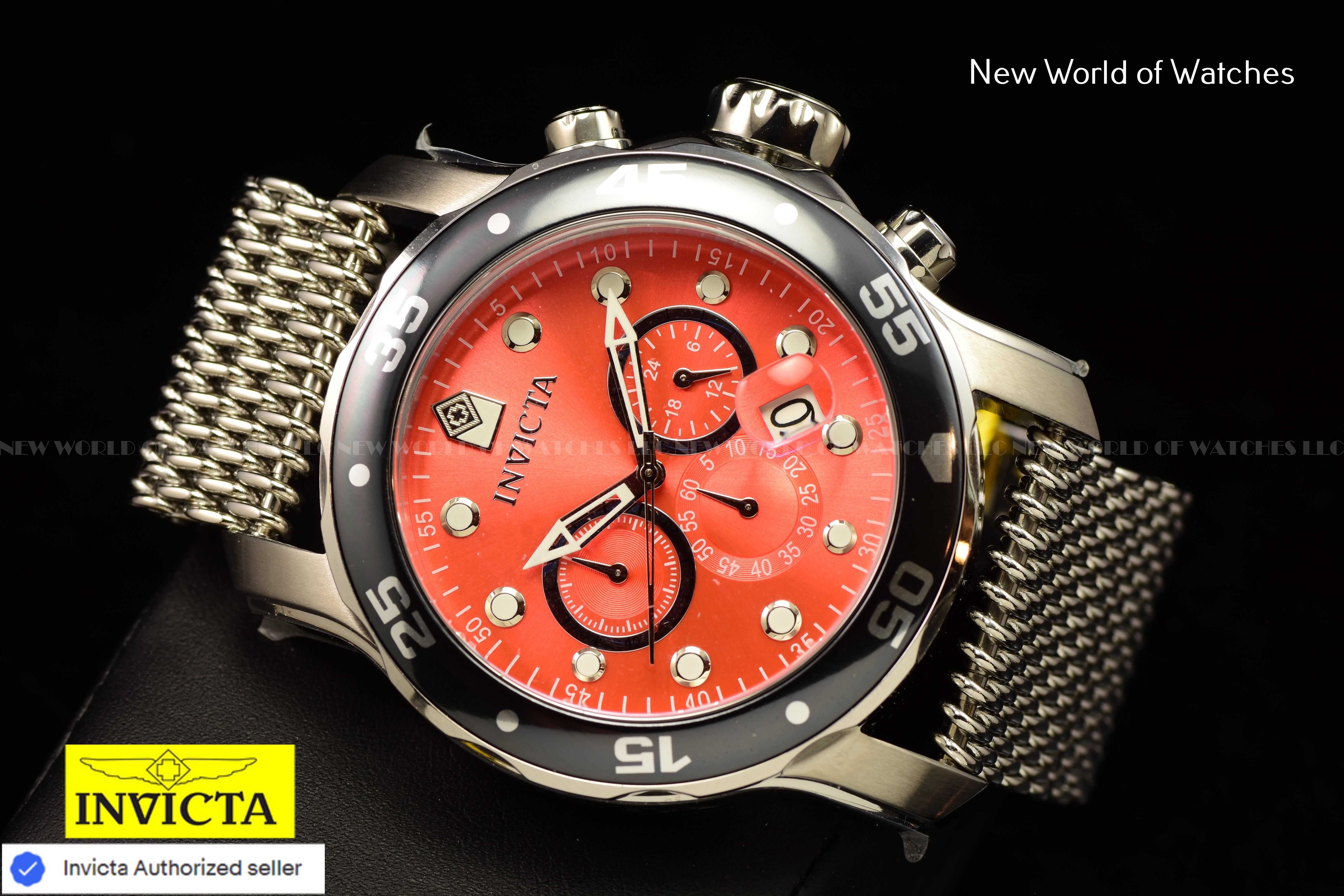 Invicta Men's Pro Diver 48mm Chronograph RED Dial SS Mesh Quartz Watch