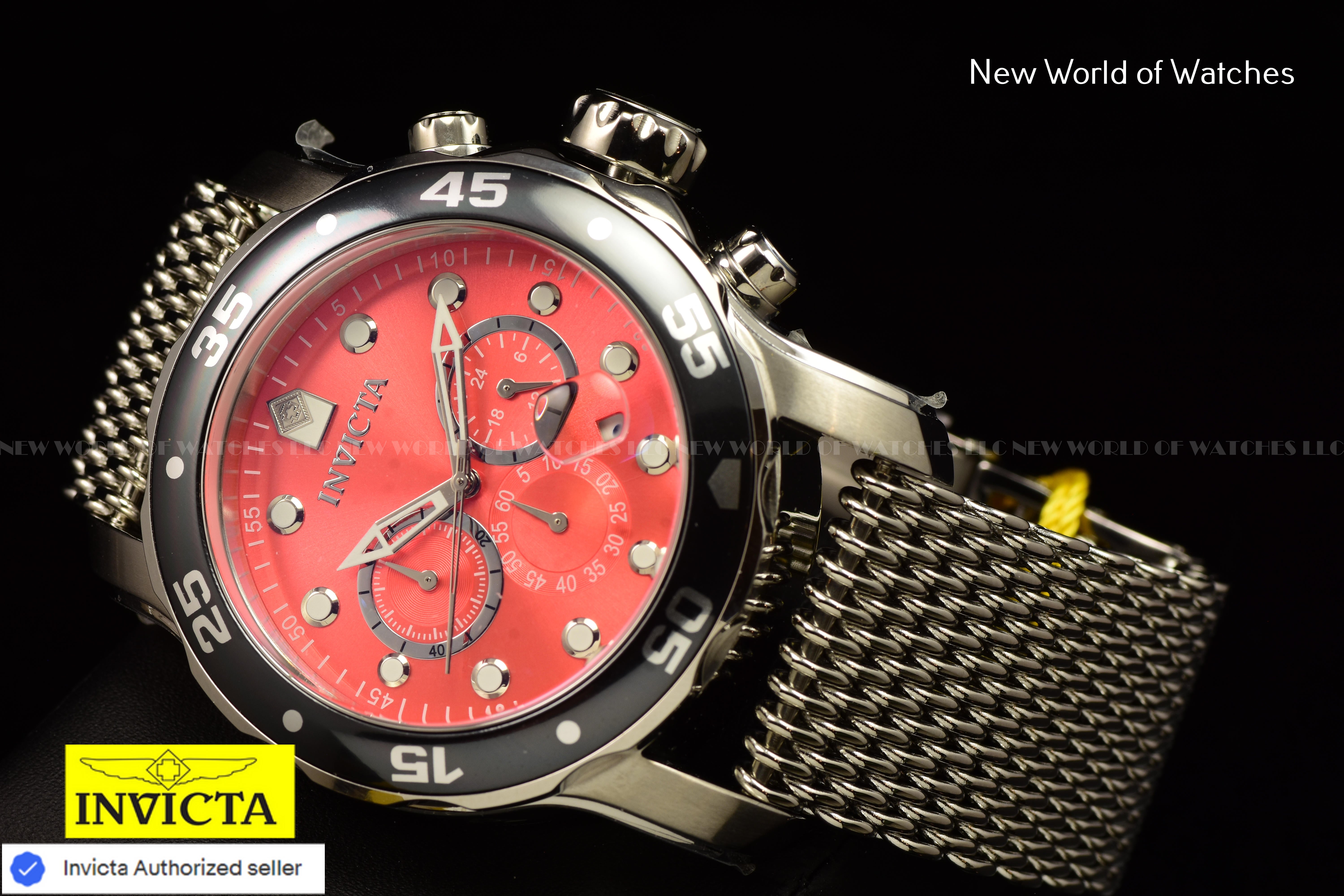 Invicta Men's Pro Diver 48mm Chronograph RED Dial SS Mesh Quartz Watch