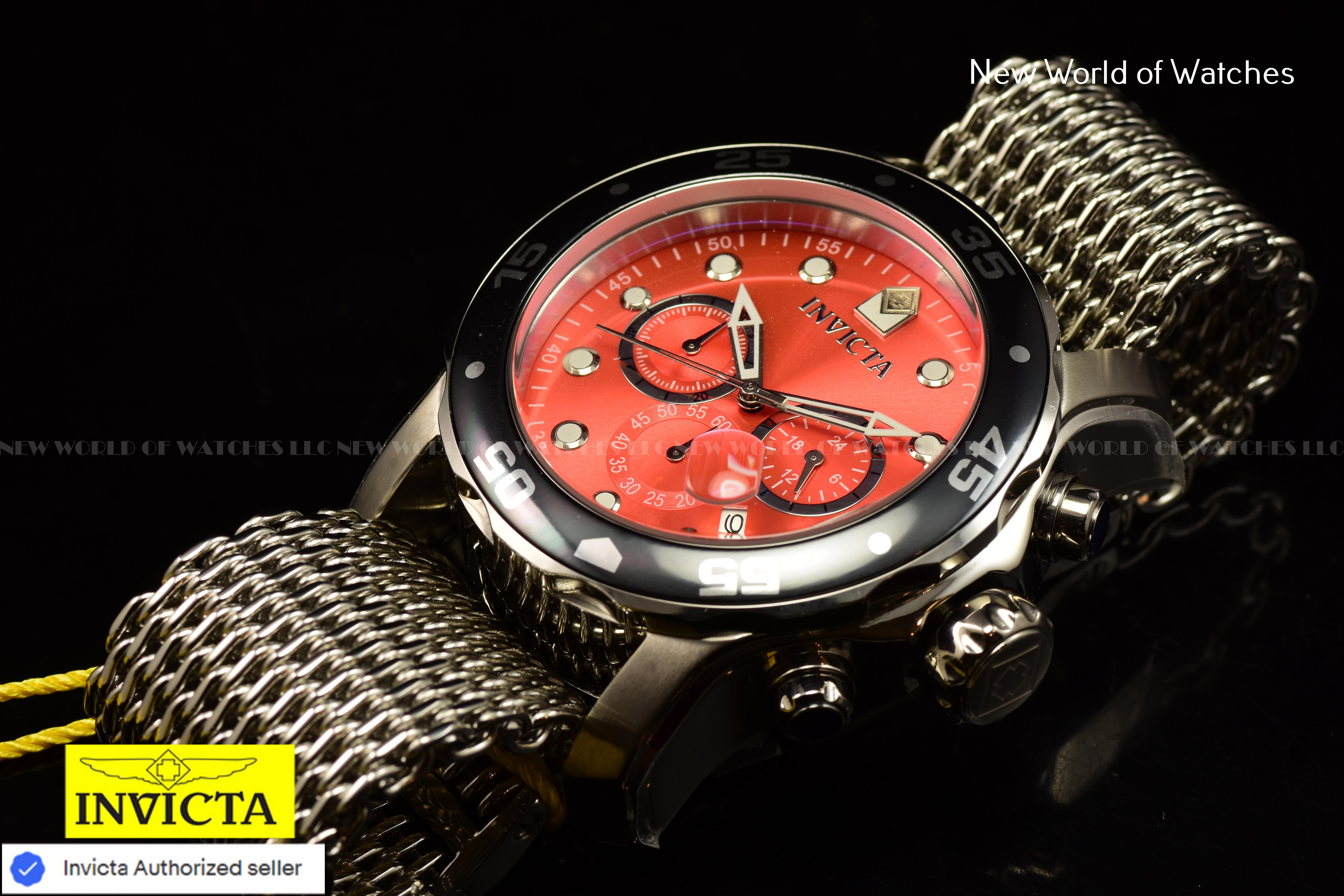 Invicta Men's Pro Diver 48mm Chronograph RED Dial SS Mesh Quartz Watch