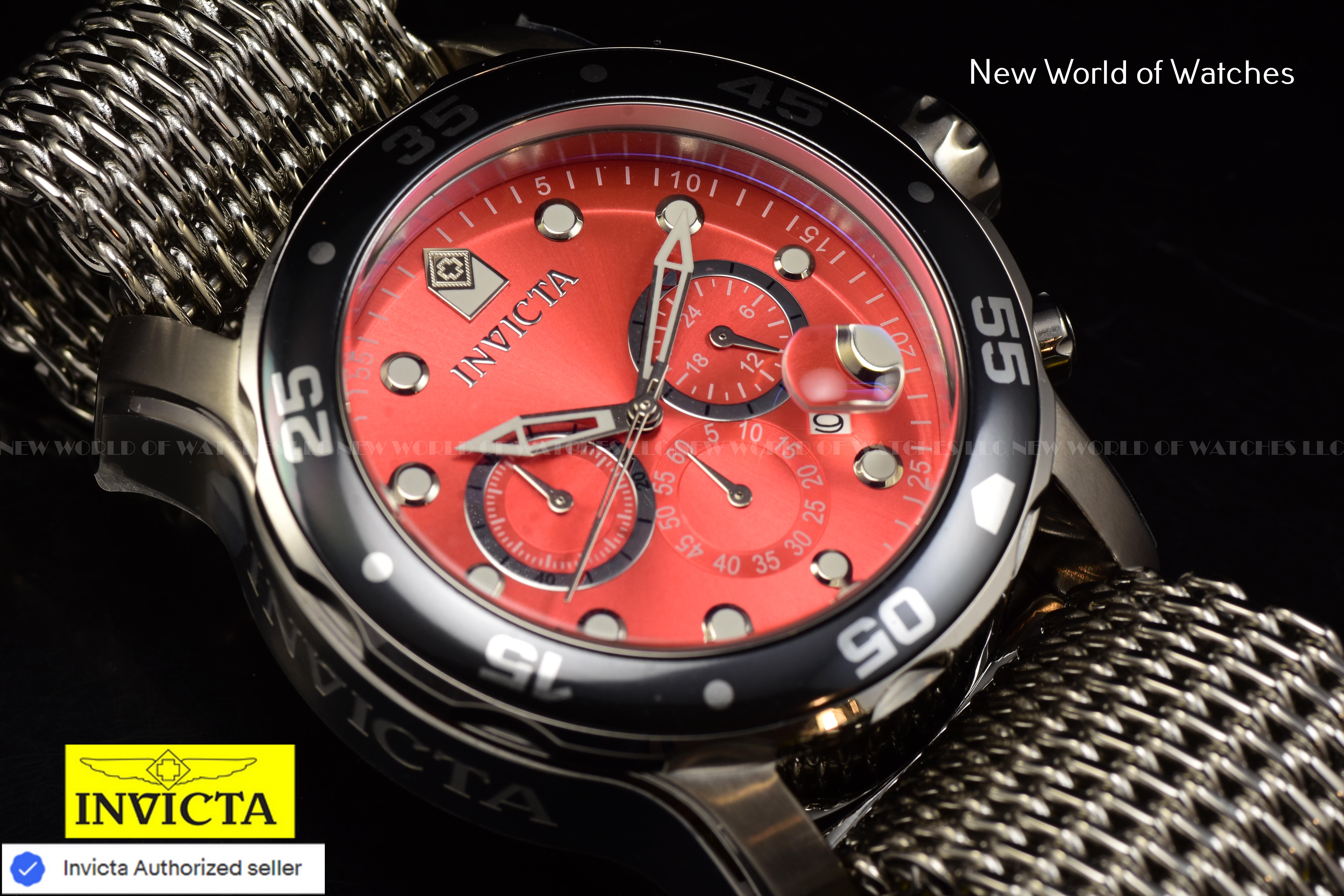 Invicta Men's Pro Diver 48mm Chronograph RED Dial SS Mesh Quartz Watch