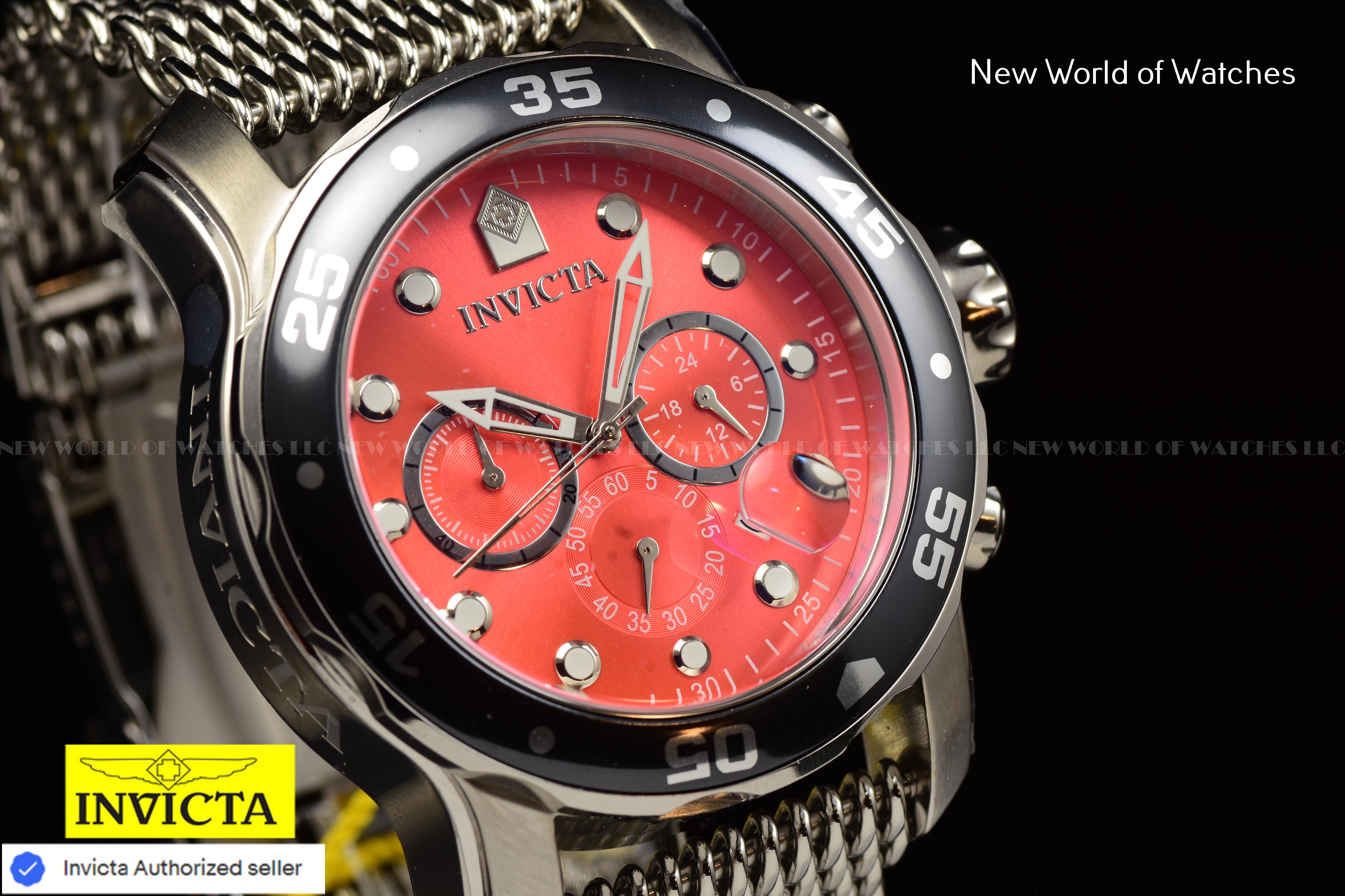 Invicta Men's Pro Diver 48mm Chronograph RED Dial SS Mesh Quartz Watch