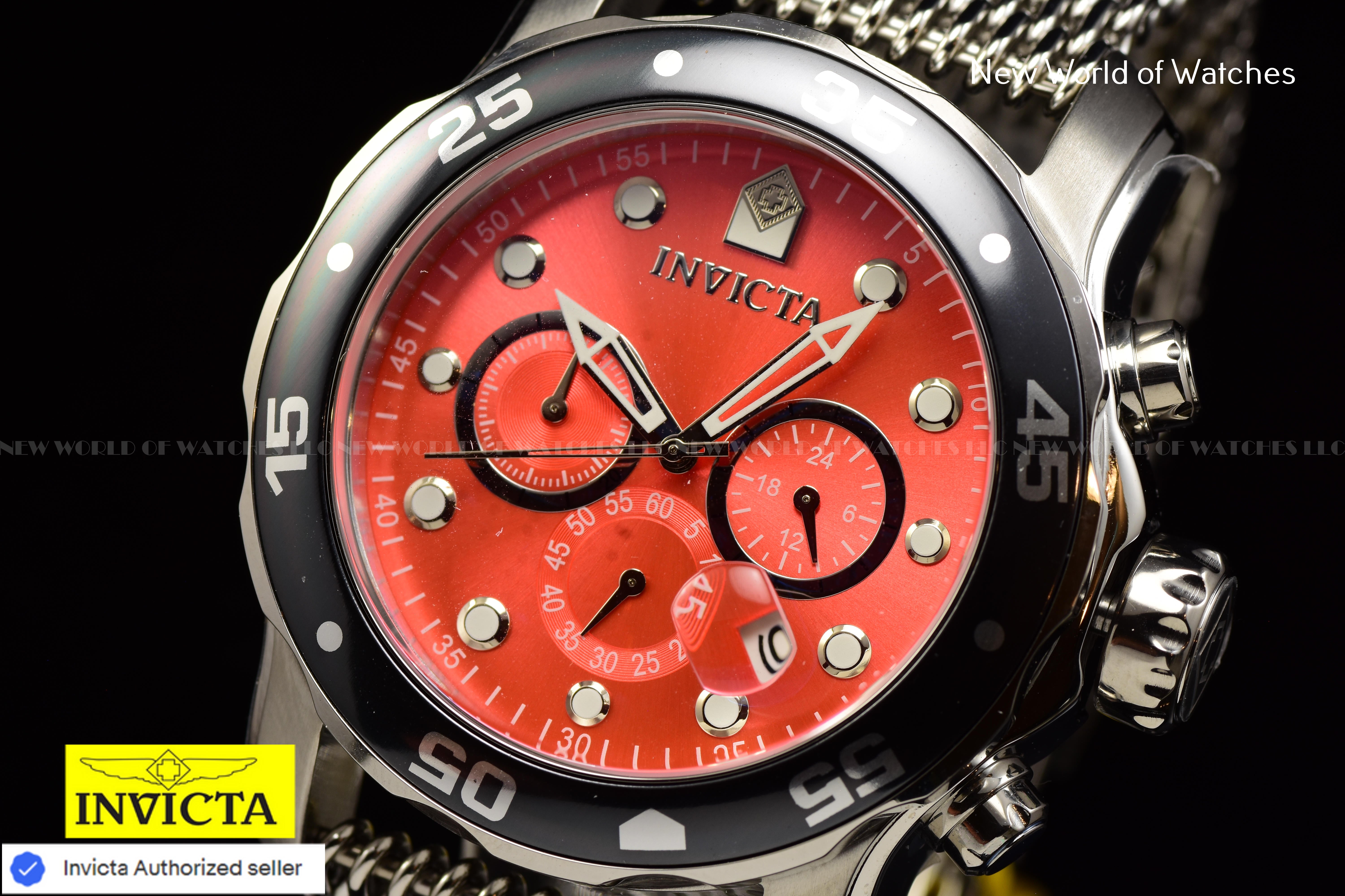 Invicta Men's Pro Diver 48mm Chronograph RED Dial SS Mesh Quartz Watch