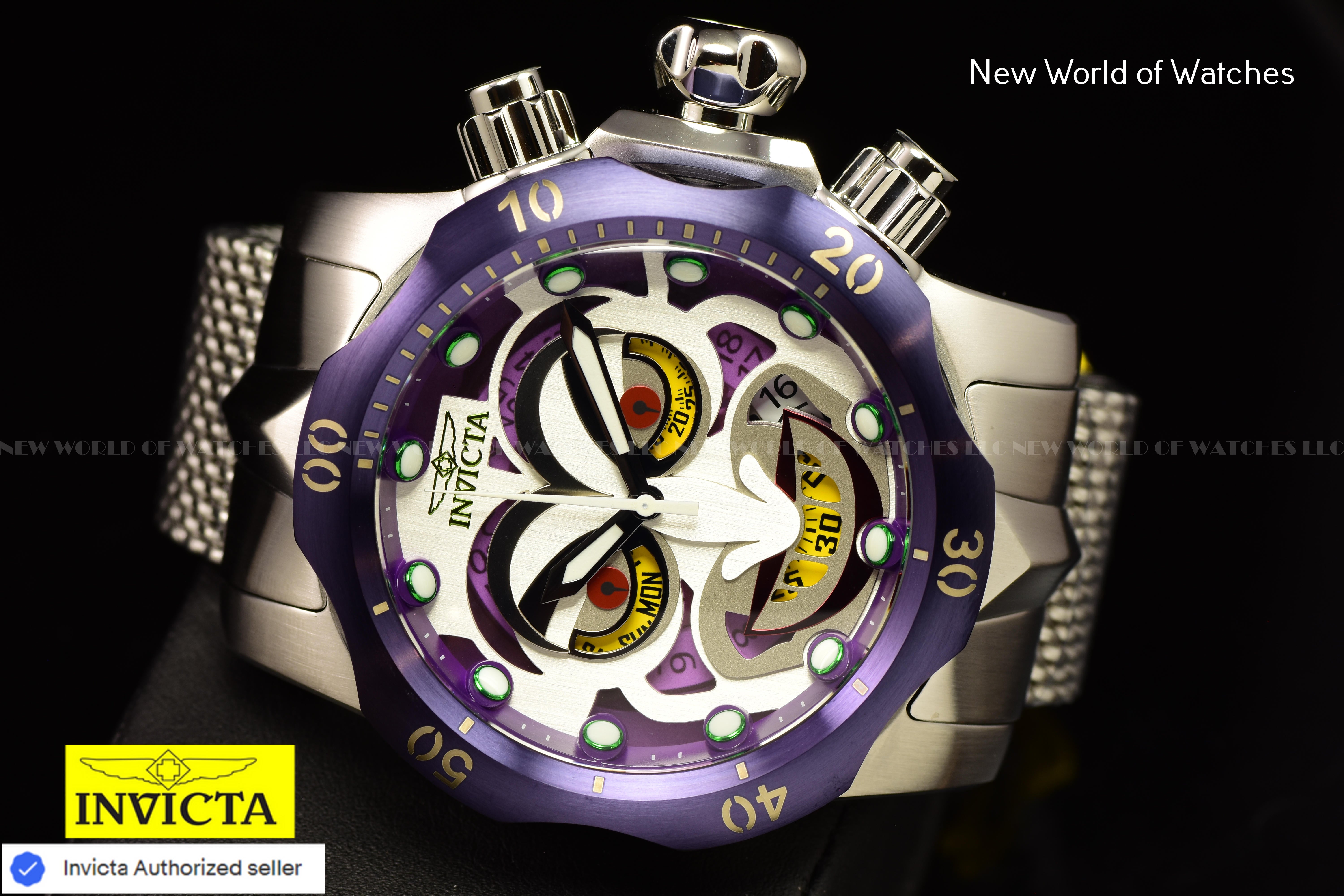 Invicta Men Venom 54mm Antique Silver Purple Green Red Quartz Thailand Mesh Stainless Steel Watch
