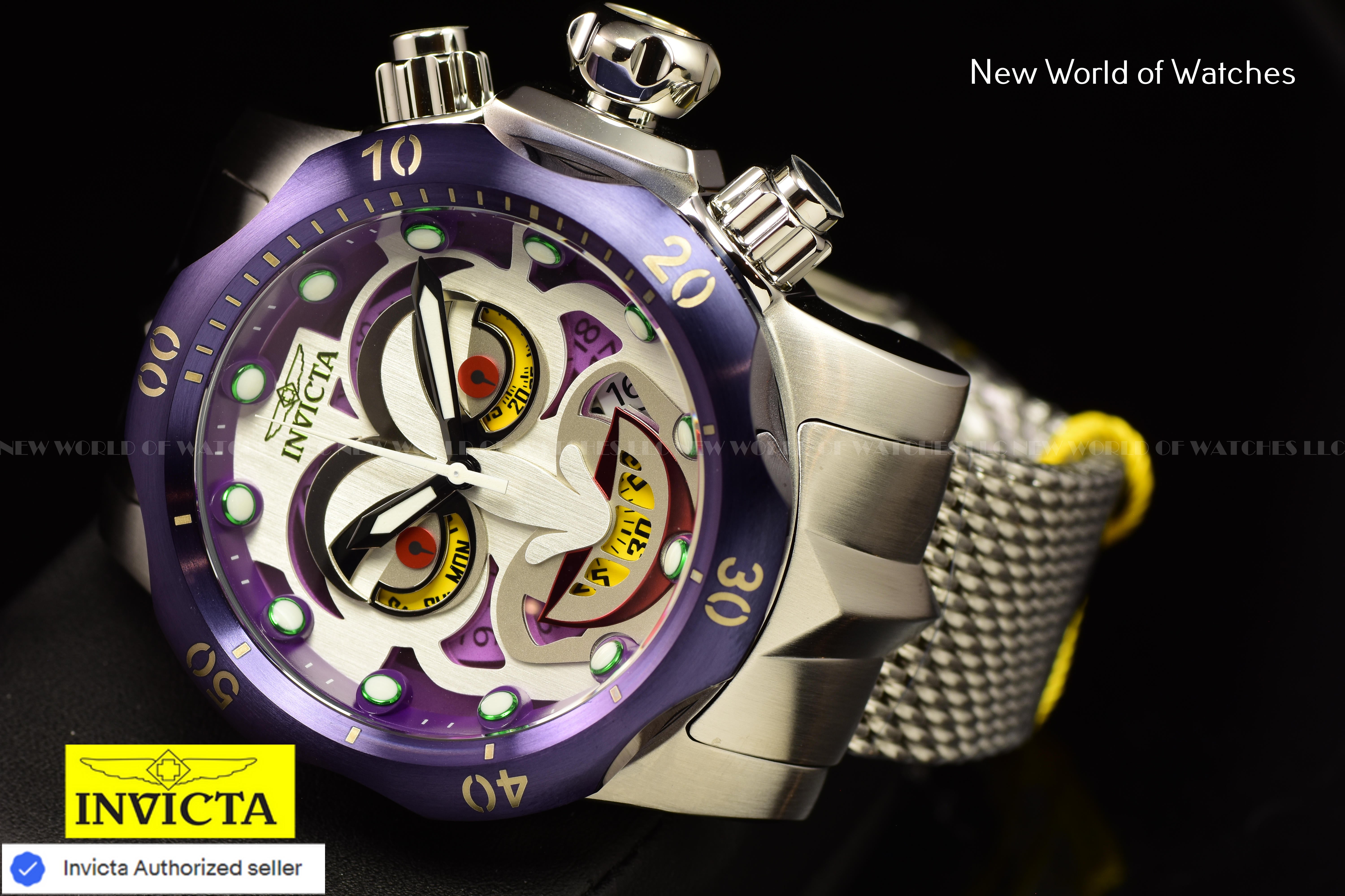 Invicta Men Venom 54mm Antique Silver Purple Green Red Quartz Thailand Mesh Stainless Steel Watch