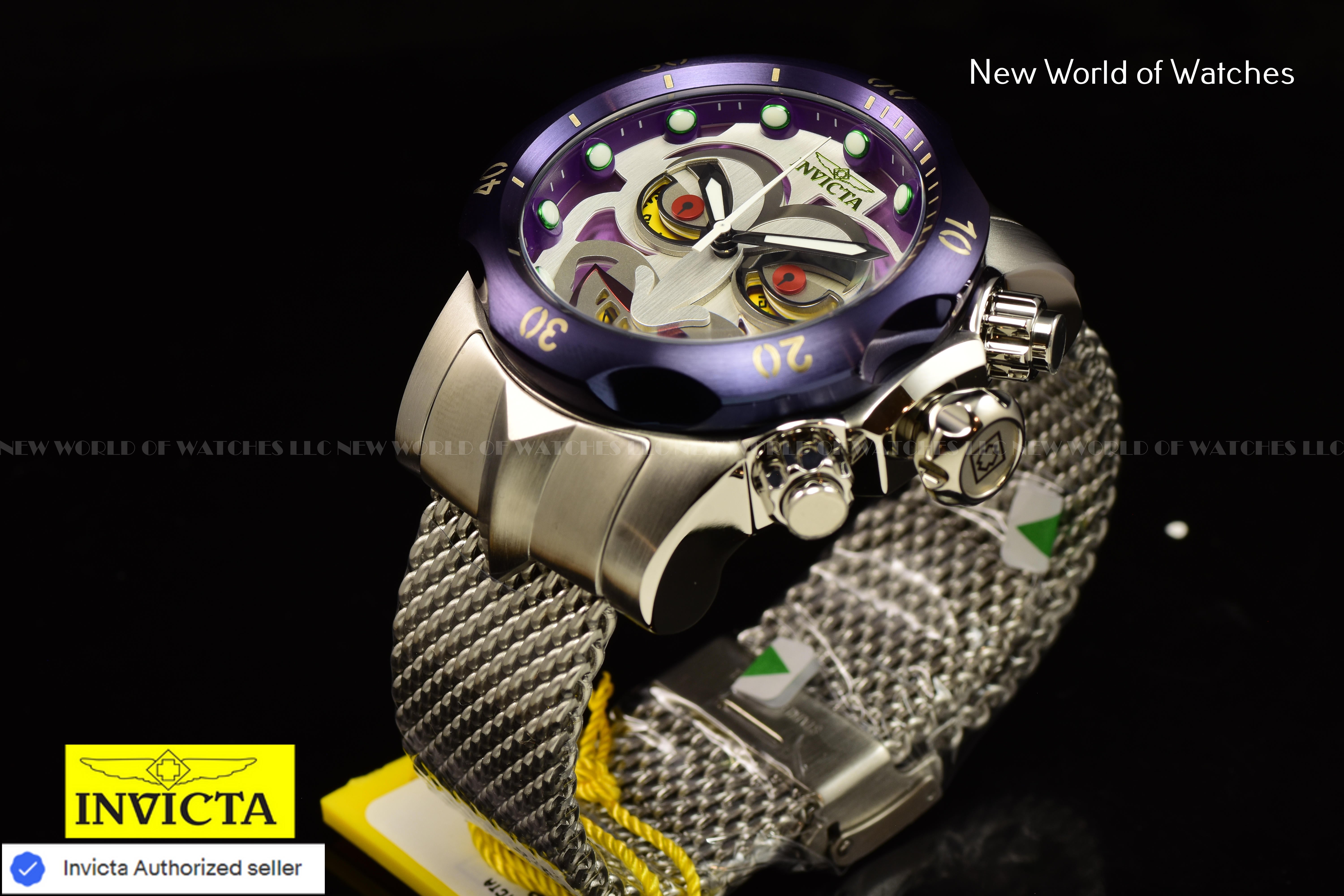 Invicta Men Venom 54mm Antique Silver Purple Green Red Quartz Thailand Mesh Stainless Steel Watch