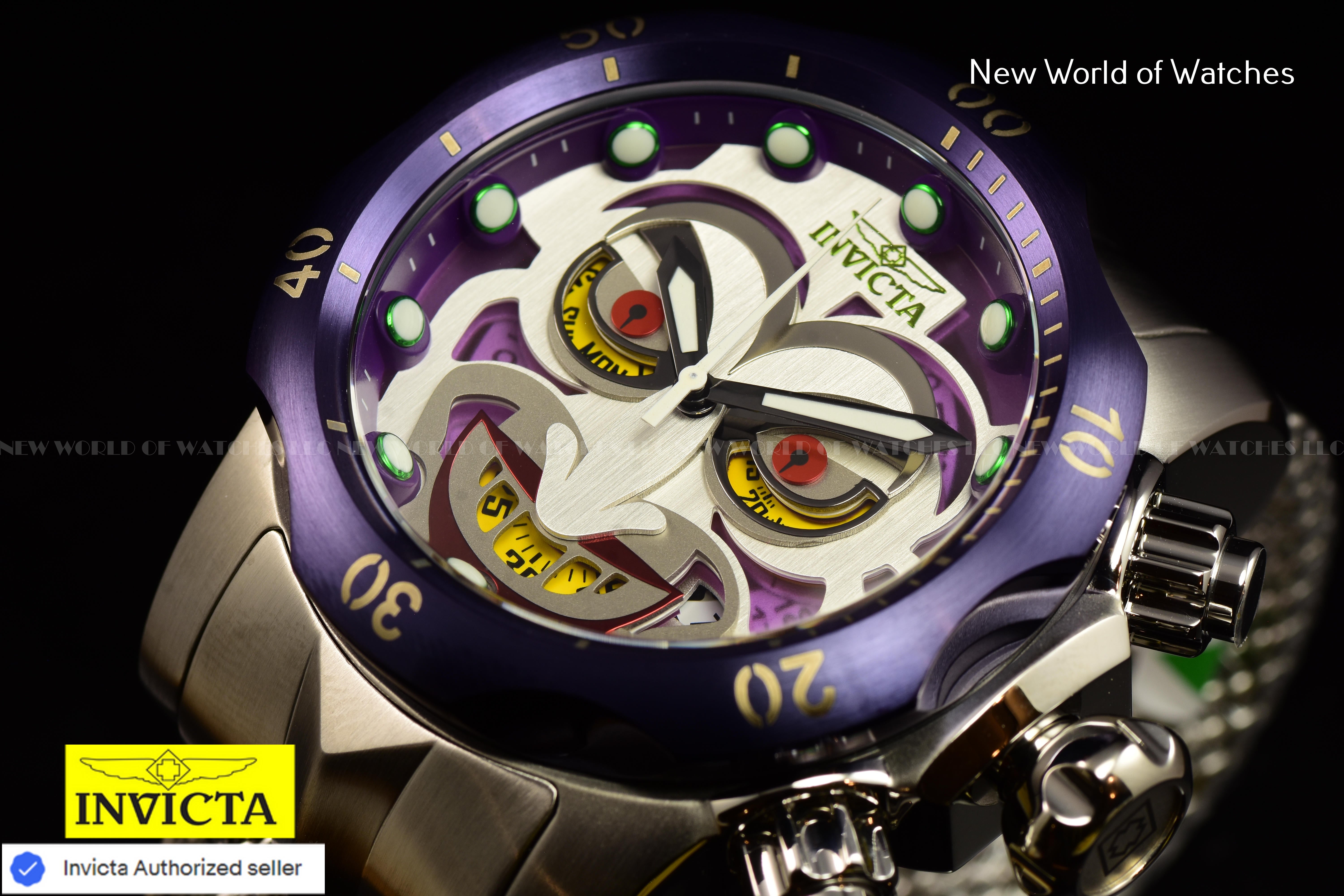 Invicta Men Venom 54mm Antique Silver Purple Green Red Quartz Thailand Mesh Stainless Steel Watch