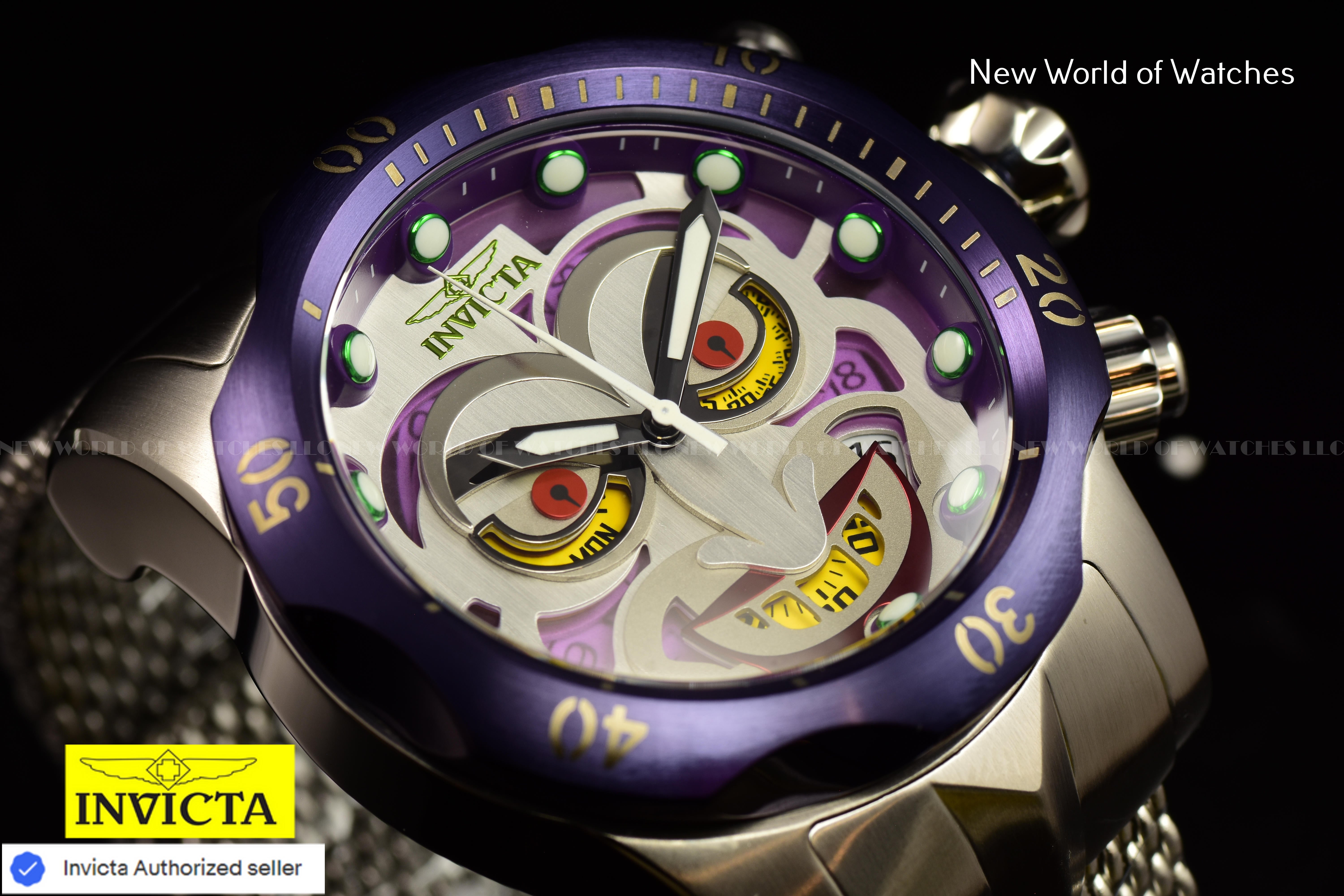 Invicta Men Venom 54mm Antique Silver Purple Green Red Quartz Thailand Mesh Stainless Steel Watch