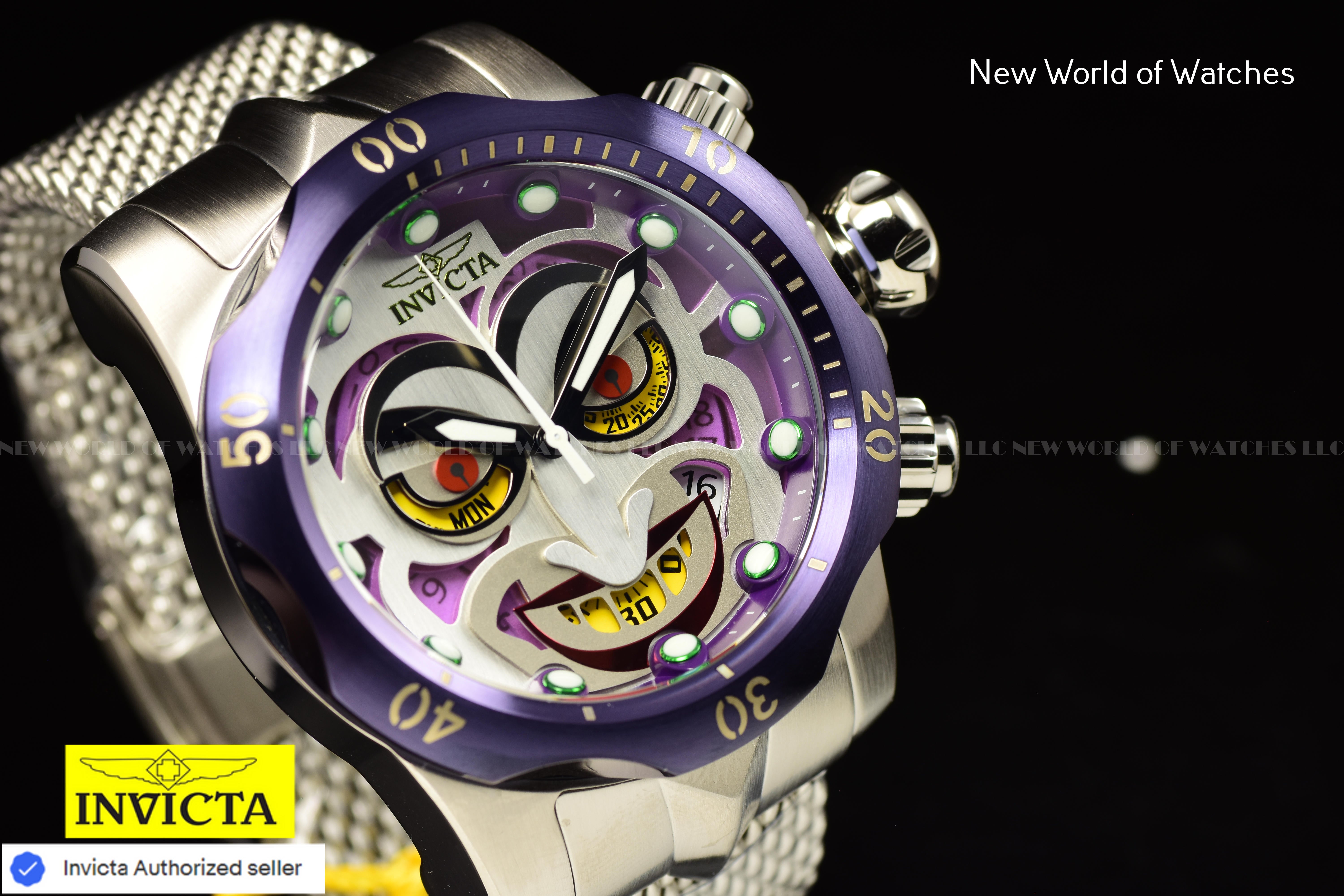 Invicta Men Venom 54mm Antique Silver Purple Green Red Quartz Thailand Mesh Stainless Steel Watch