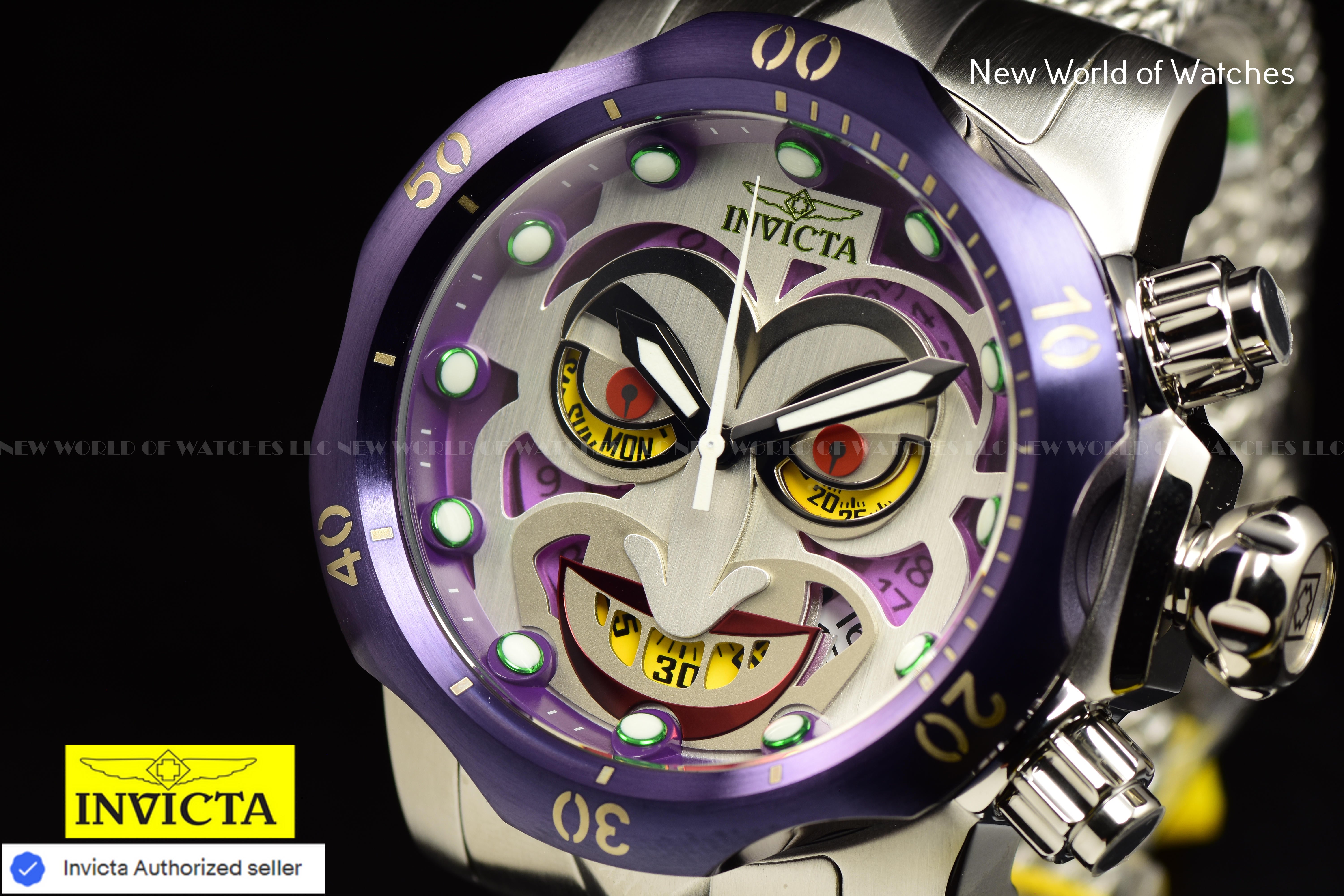 Invicta Men Venom 54mm Antique Silver Purple Green Red Quartz Thailand Mesh Stainless Steel Watch