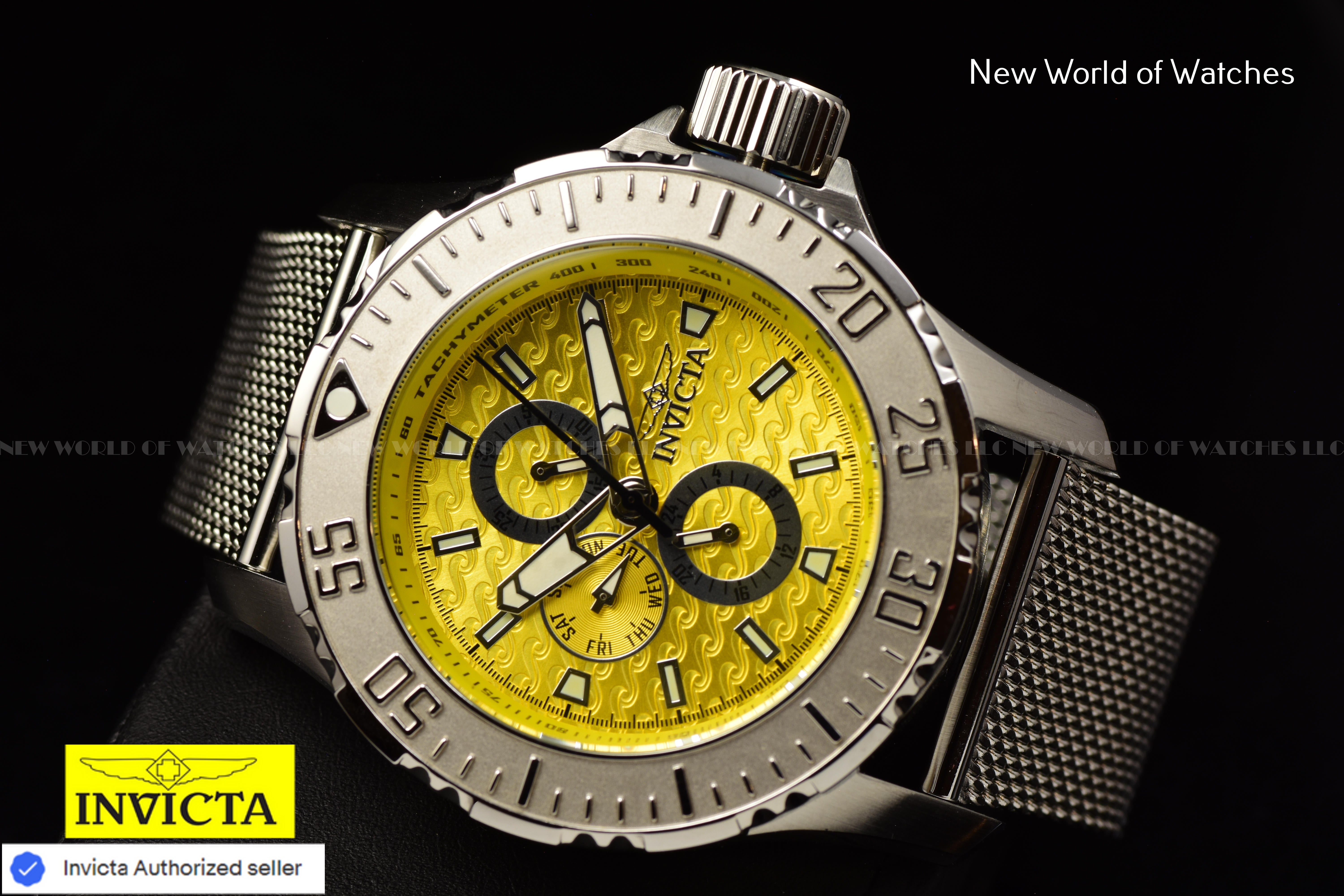 Invicta Men Vintage 50mm Yellow Quartz Japan Mesh Stainless Steel Watch