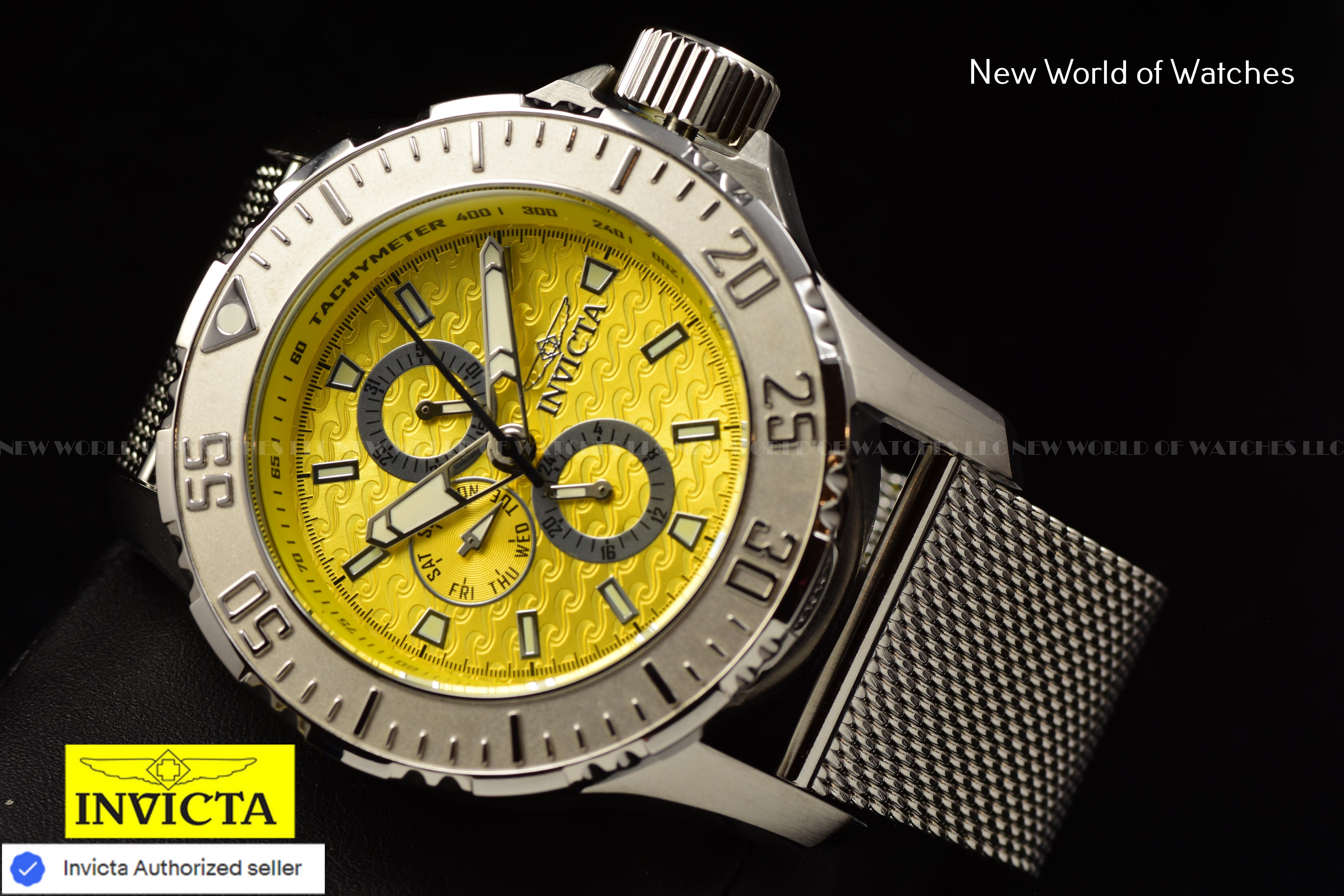Invicta Men Vintage 50mm Yellow Quartz Japan Mesh Stainless Steel Watch