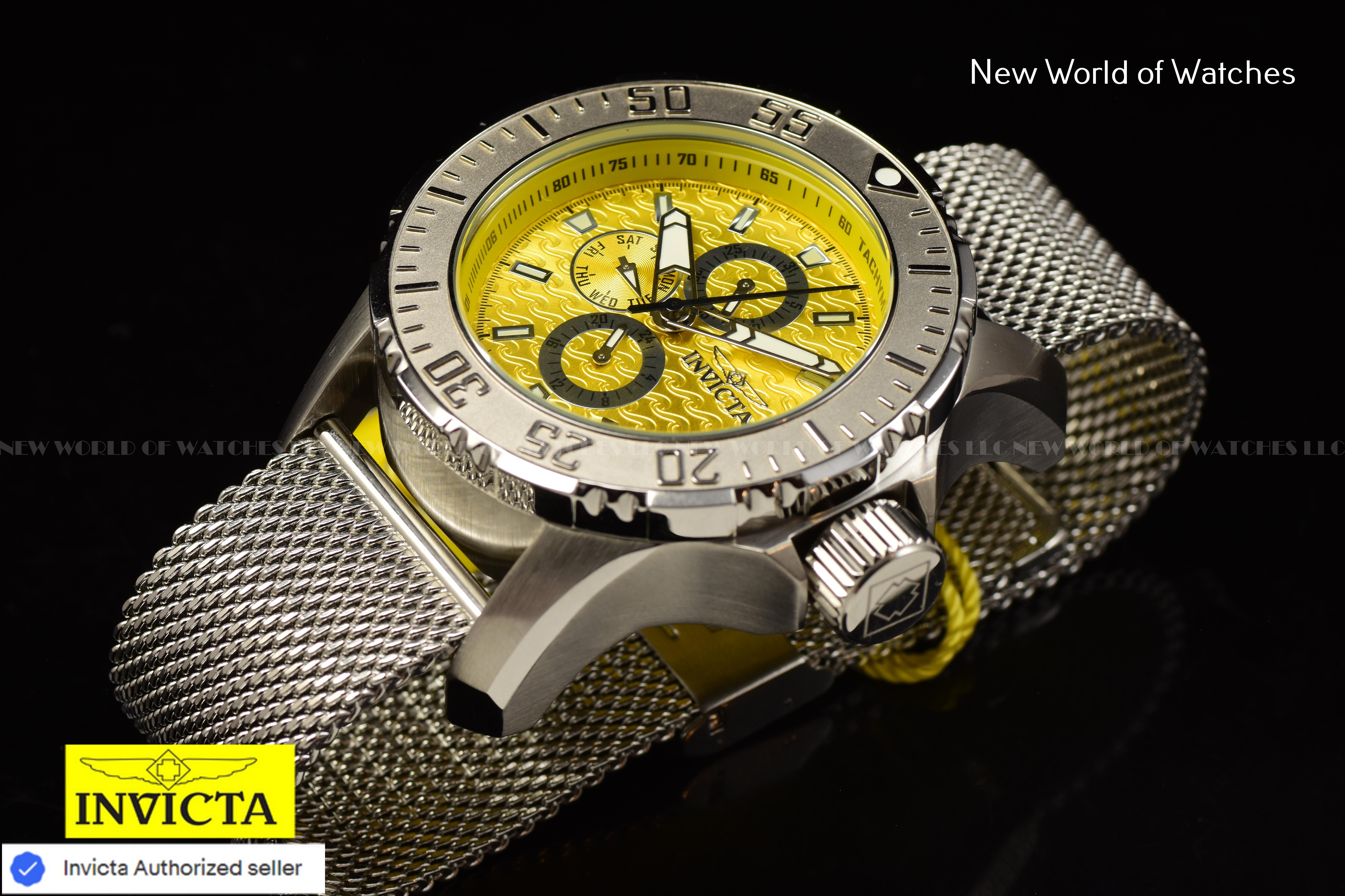 Invicta Men Vintage 50mm Yellow Quartz Japan Mesh Stainless Steel Watch