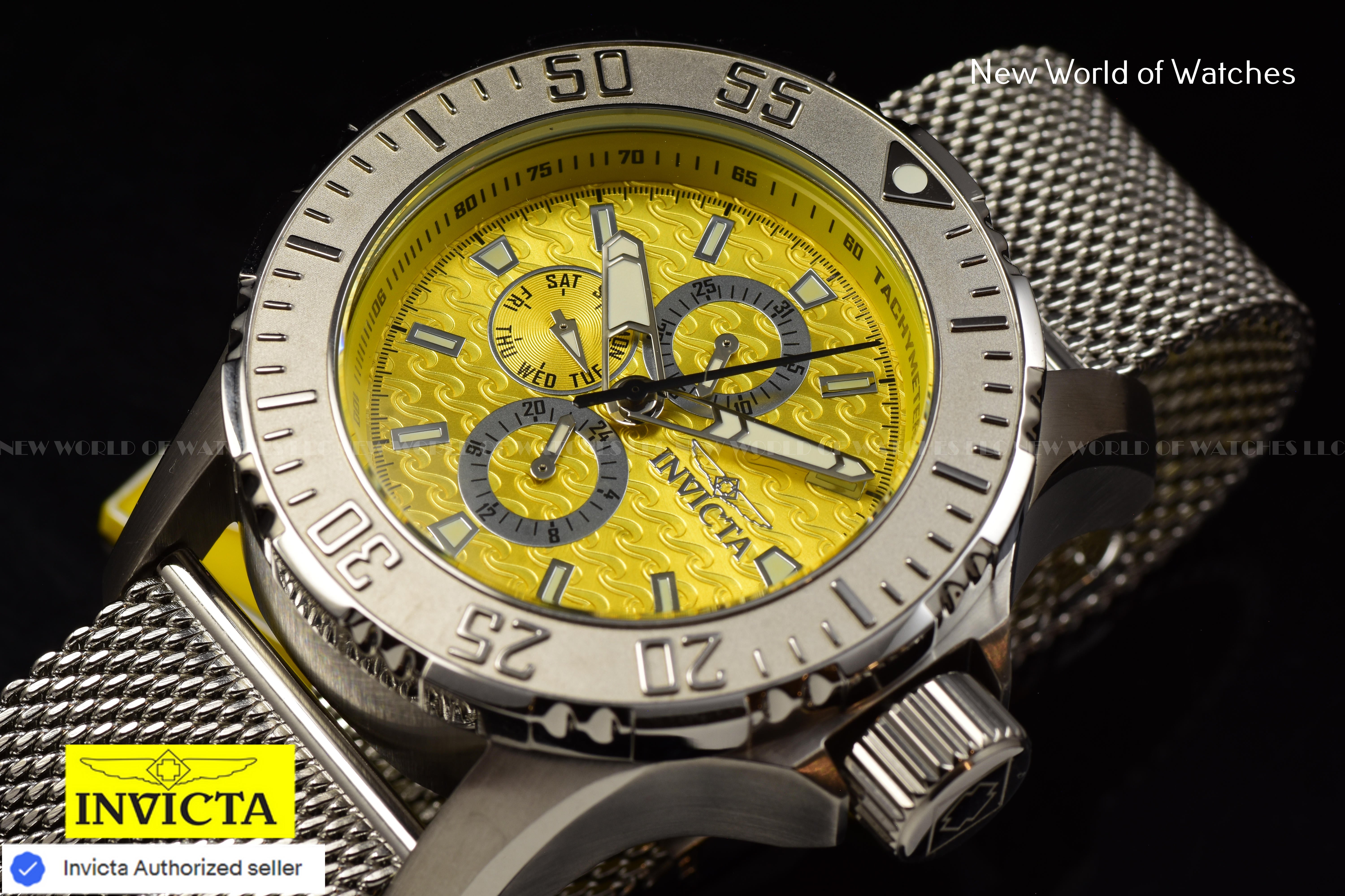 Invicta Men Vintage 50mm Yellow Quartz Japan Mesh Stainless Steel Watch