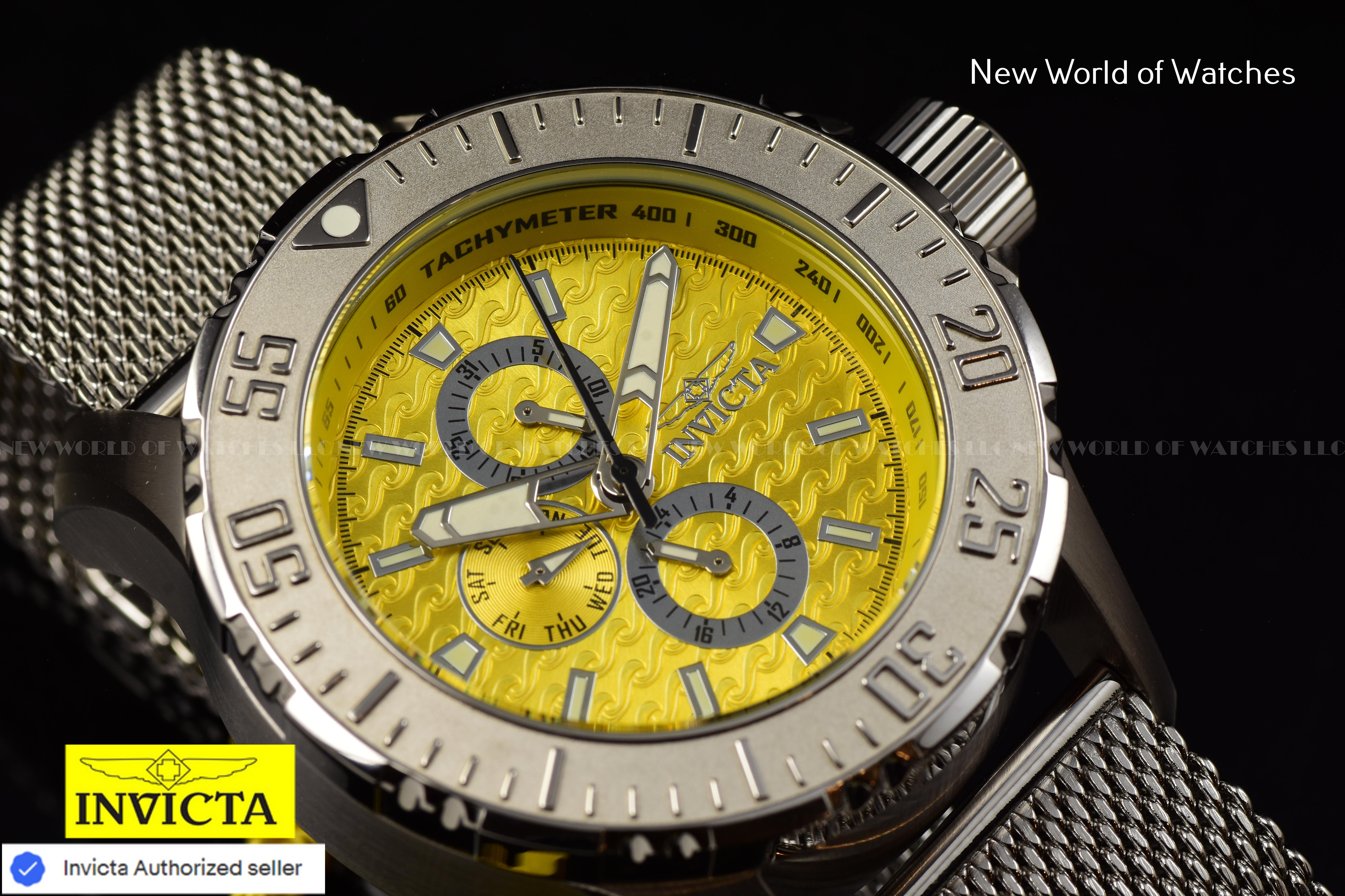 Invicta Men Vintage 50mm Yellow Quartz Japan Mesh Stainless Steel Watch