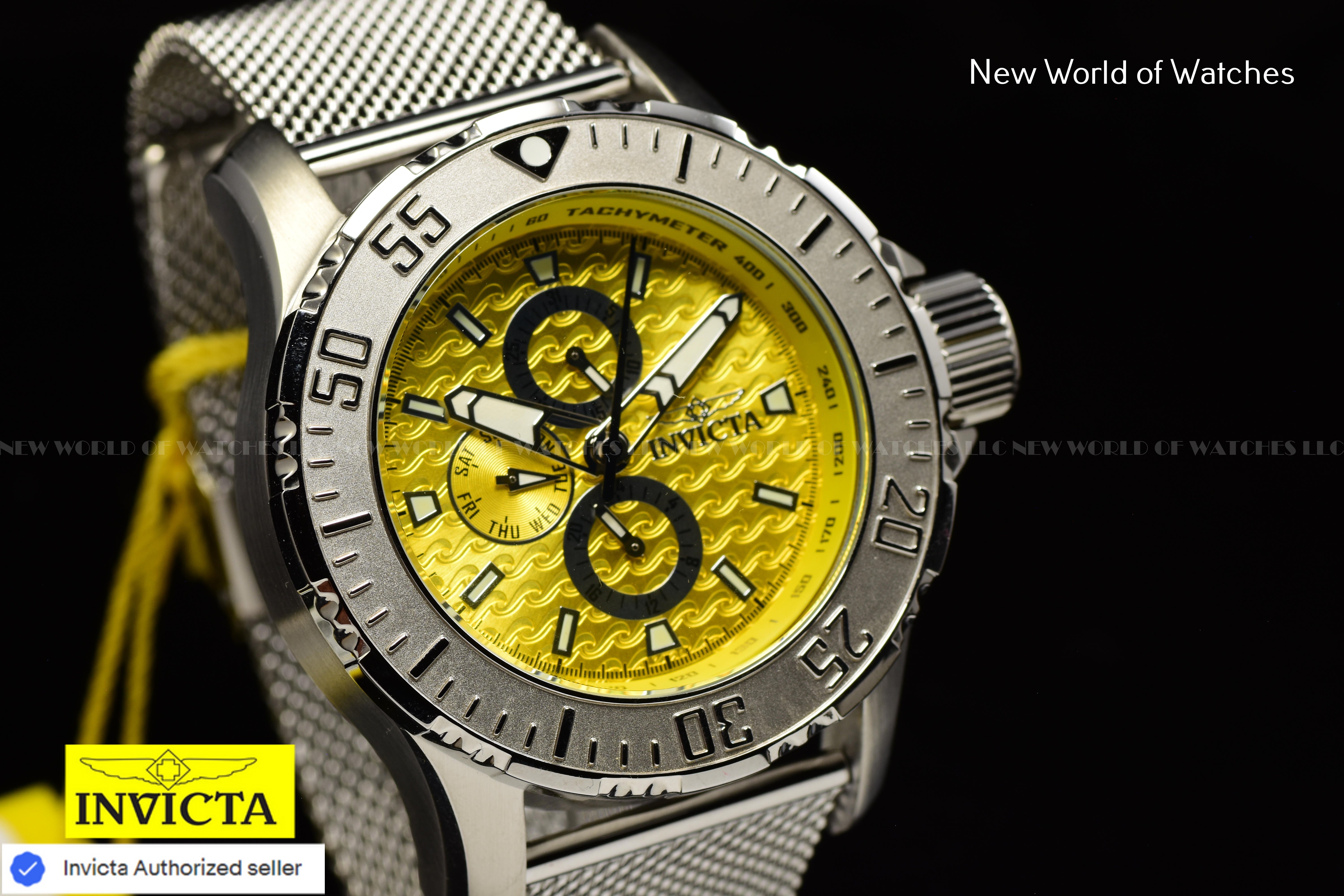 Invicta Men Vintage 50mm Yellow Quartz Japan Mesh Stainless Steel Watch