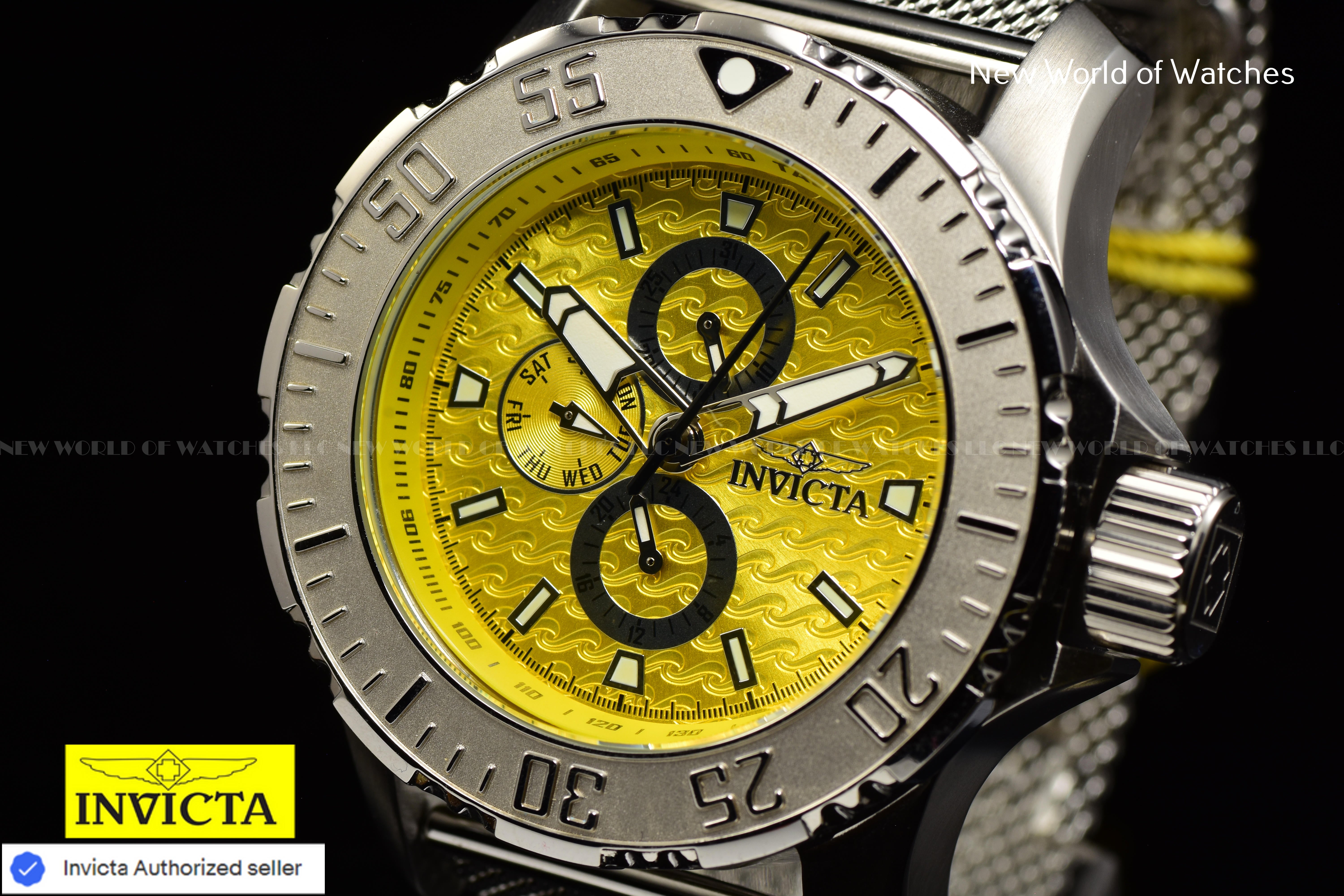 Invicta Men Vintage 50mm Yellow Quartz Japan Mesh Stainless Steel Watch
