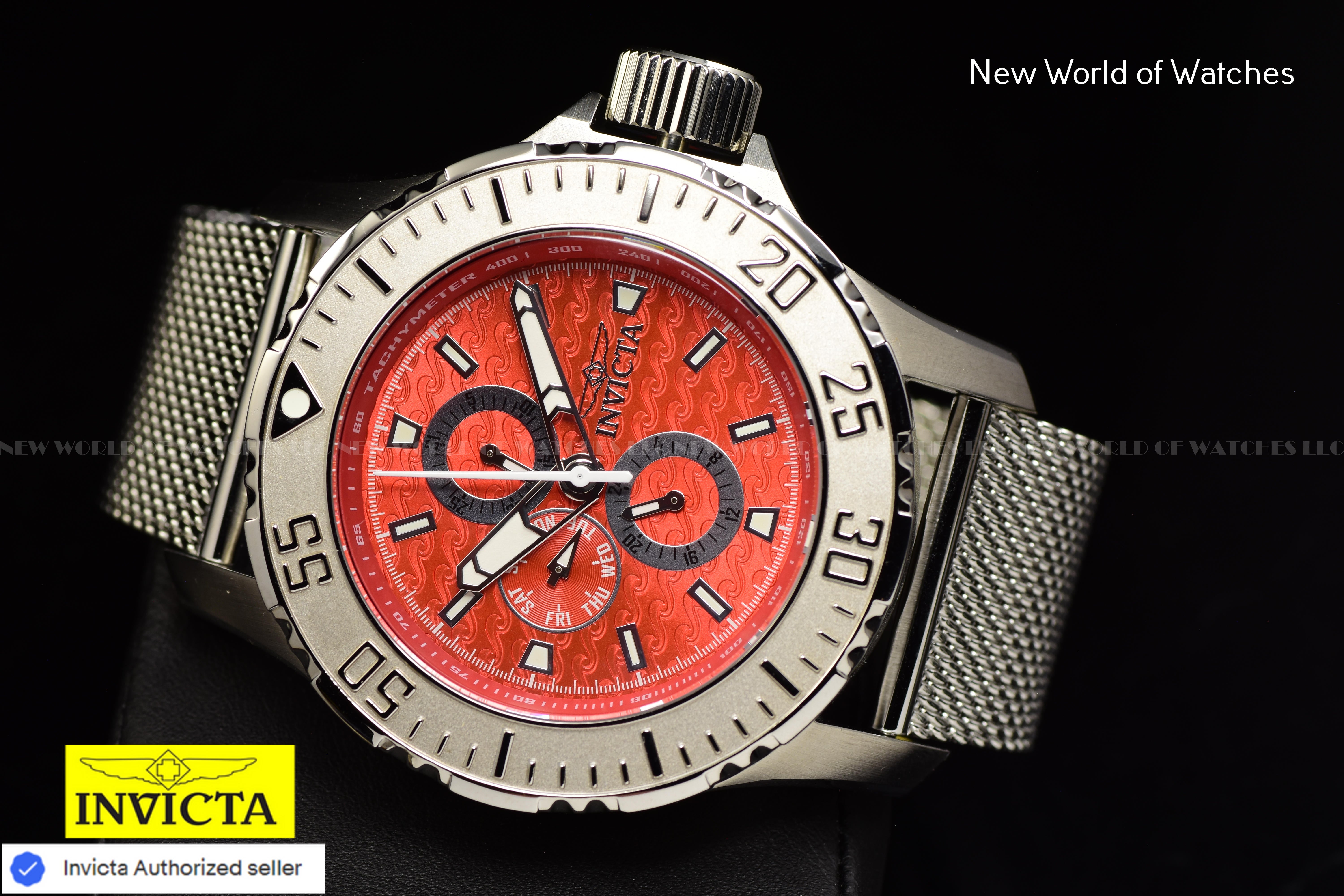 Invicta Men Vintage 50mm Red Quartz Japan Mesh Stainless Steel Watch