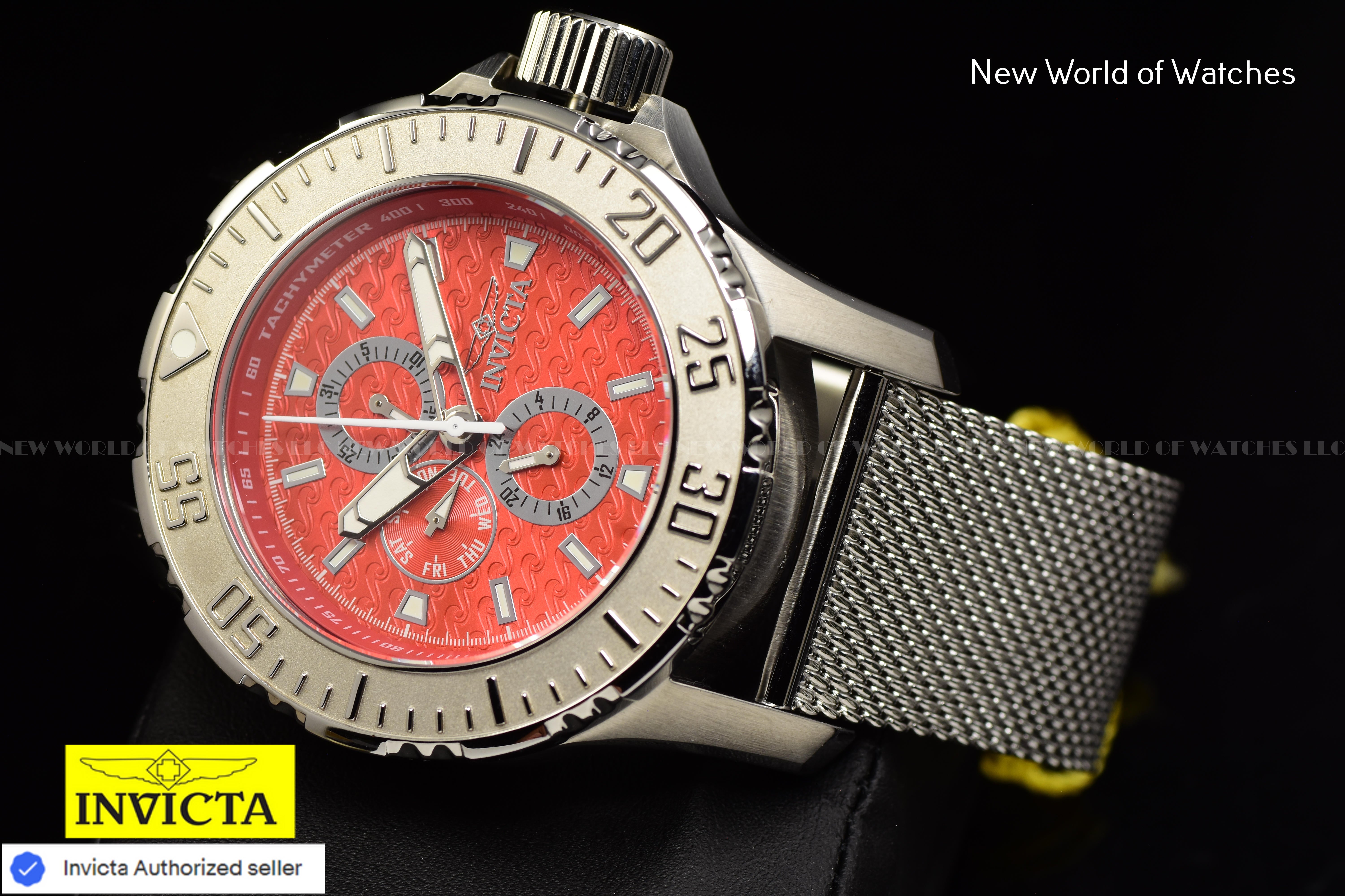 Invicta Men Vintage 50mm Red Quartz Japan Mesh Stainless Steel Watch