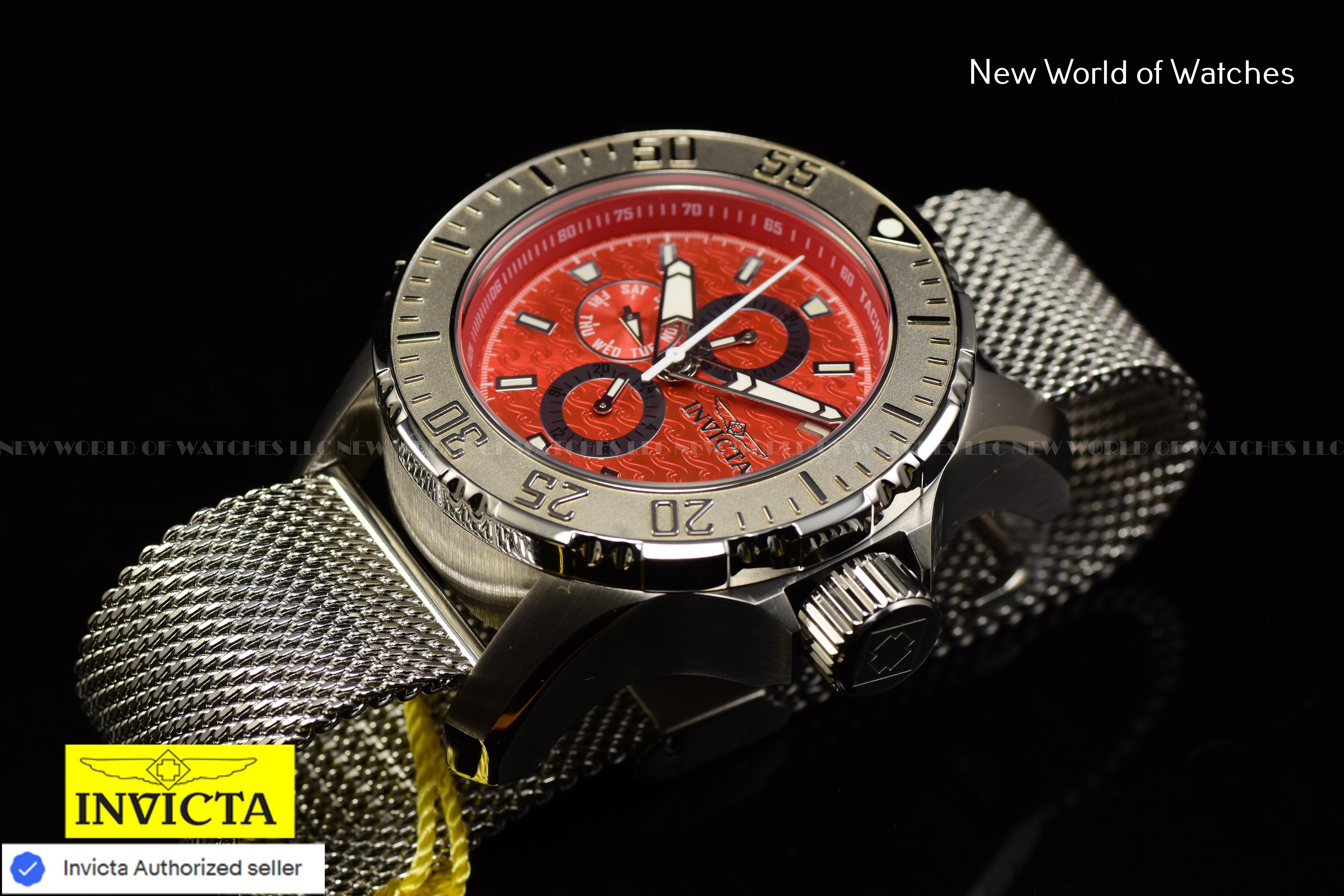 Invicta Men Vintage 50mm Red Quartz Japan Mesh Stainless Steel Watch