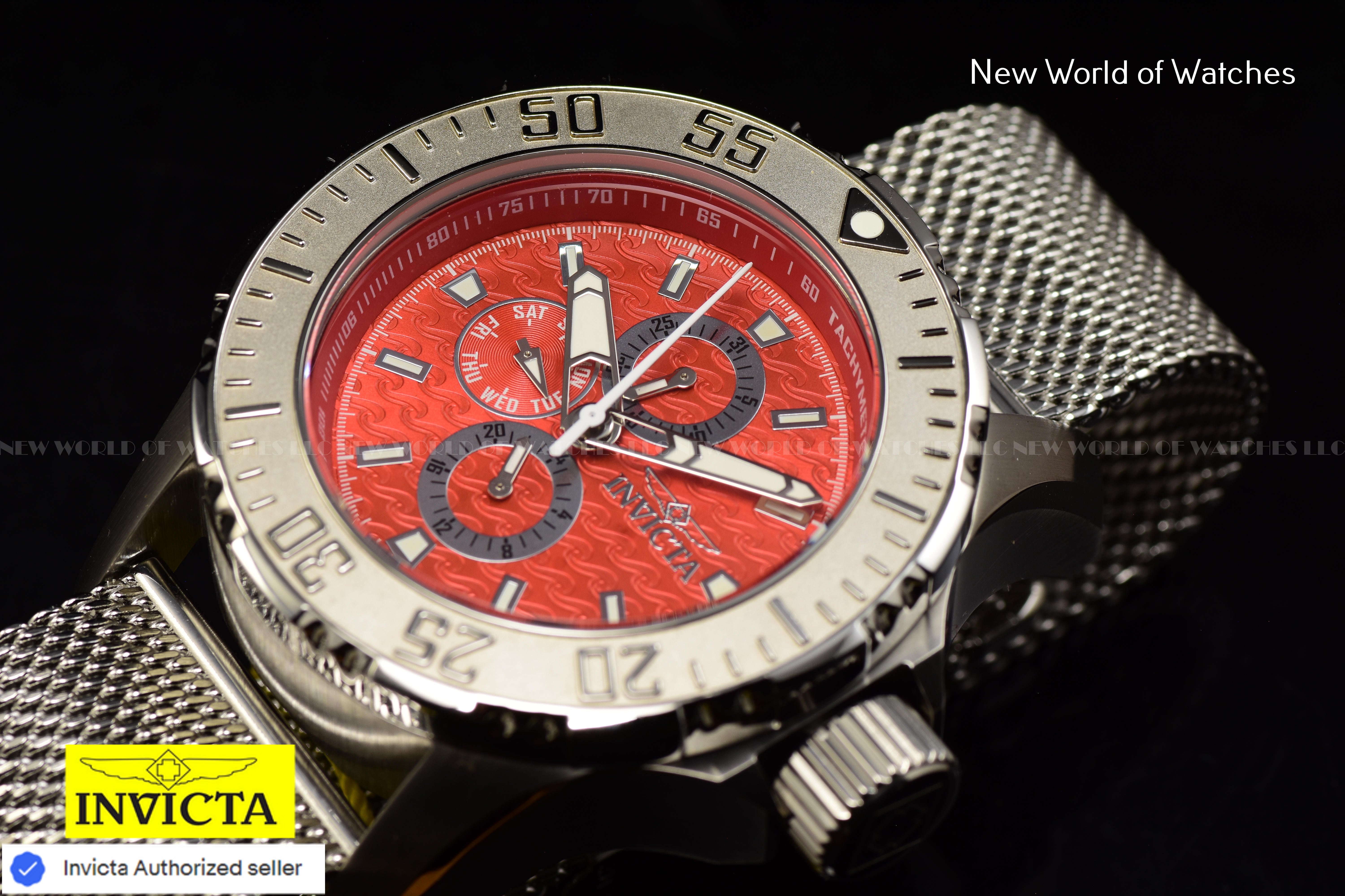 Invicta Men Vintage 50mm Red Quartz Japan Mesh Stainless Steel Watch