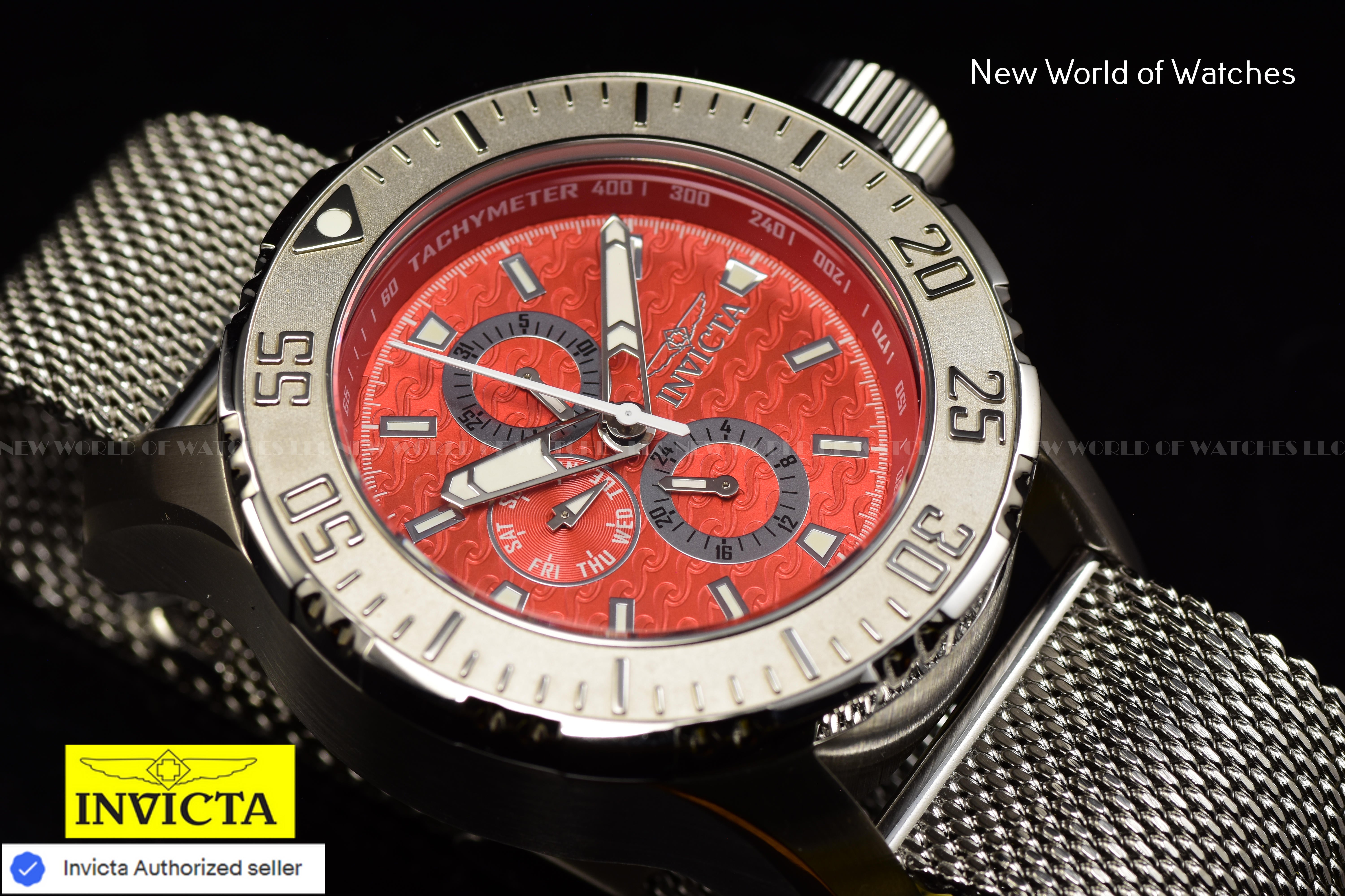 Invicta Men Vintage 50mm Red Quartz Japan Mesh Stainless Steel Watch