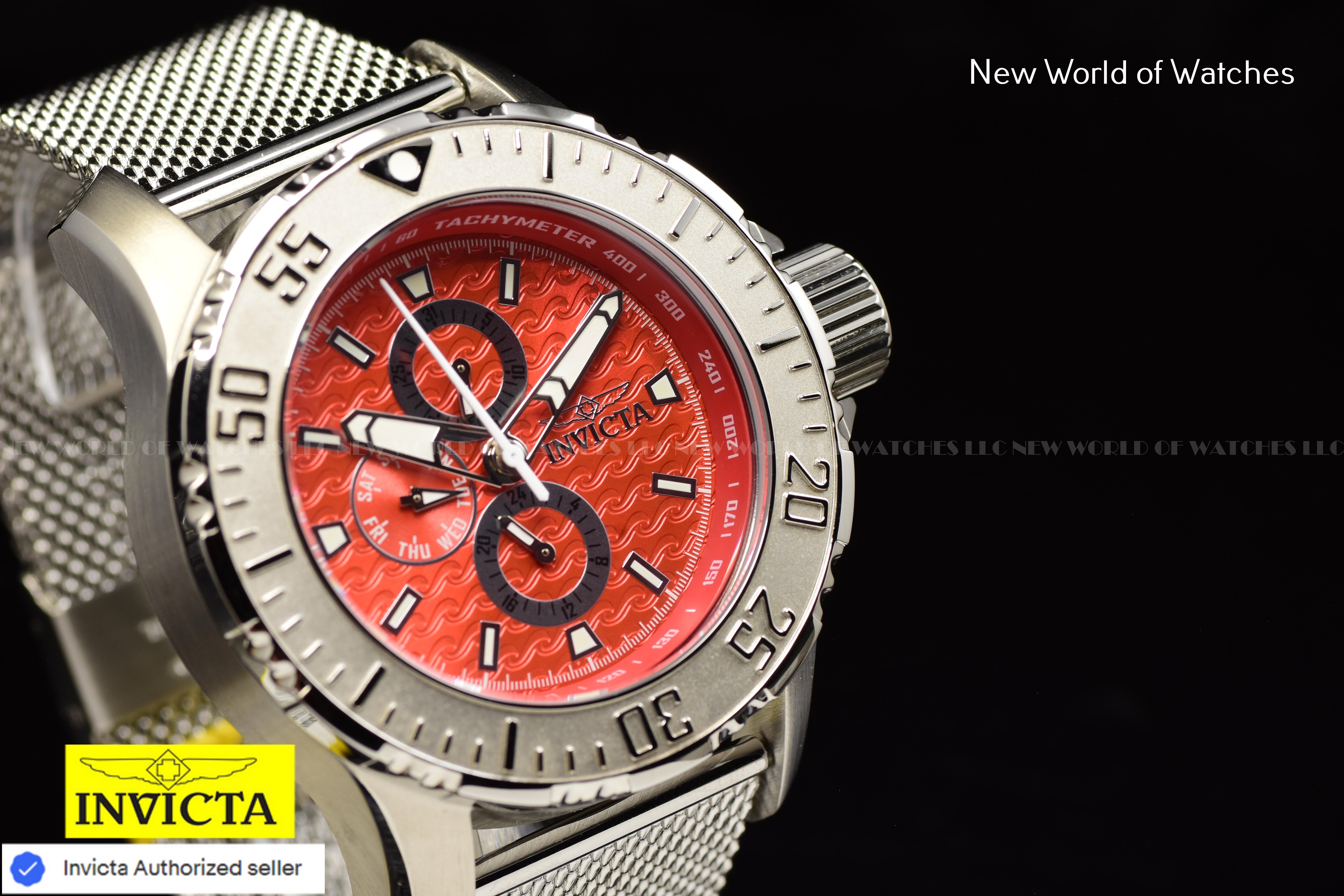 Invicta Men Vintage 50mm Red Quartz Japan Mesh Stainless Steel Watch