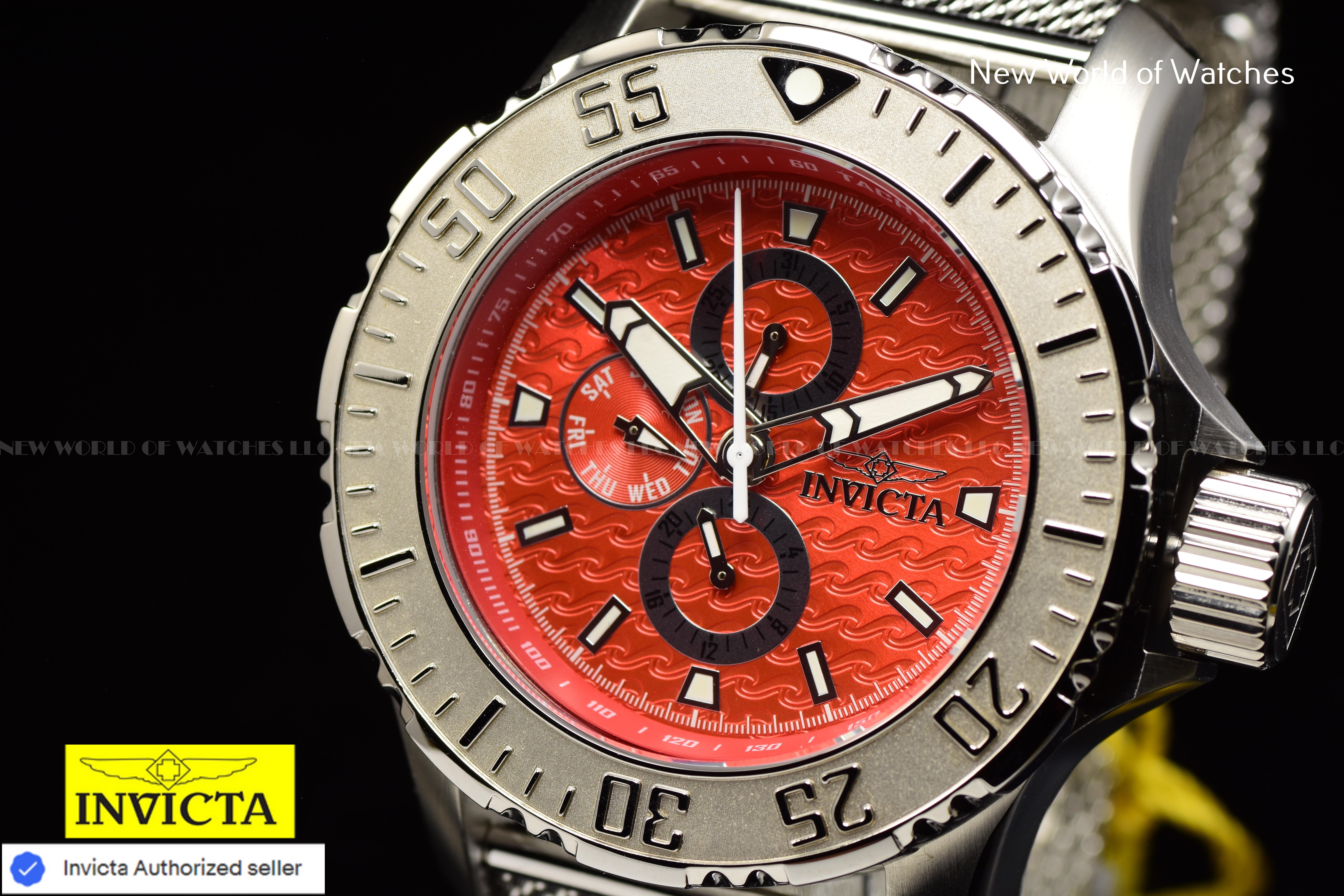 Invicta Men Vintage 50mm Red Quartz Japan Mesh Stainless Steel Watch